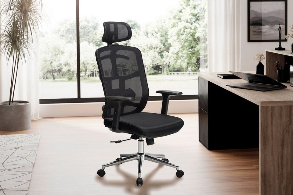 Büro Drehstuhl (Bürostuhl Schreibtischstuhl), Mesh-Bezug, Schwarz Lendenwirbelstütze, mit FB96541 FINEBUY Stuhl Chefsessel