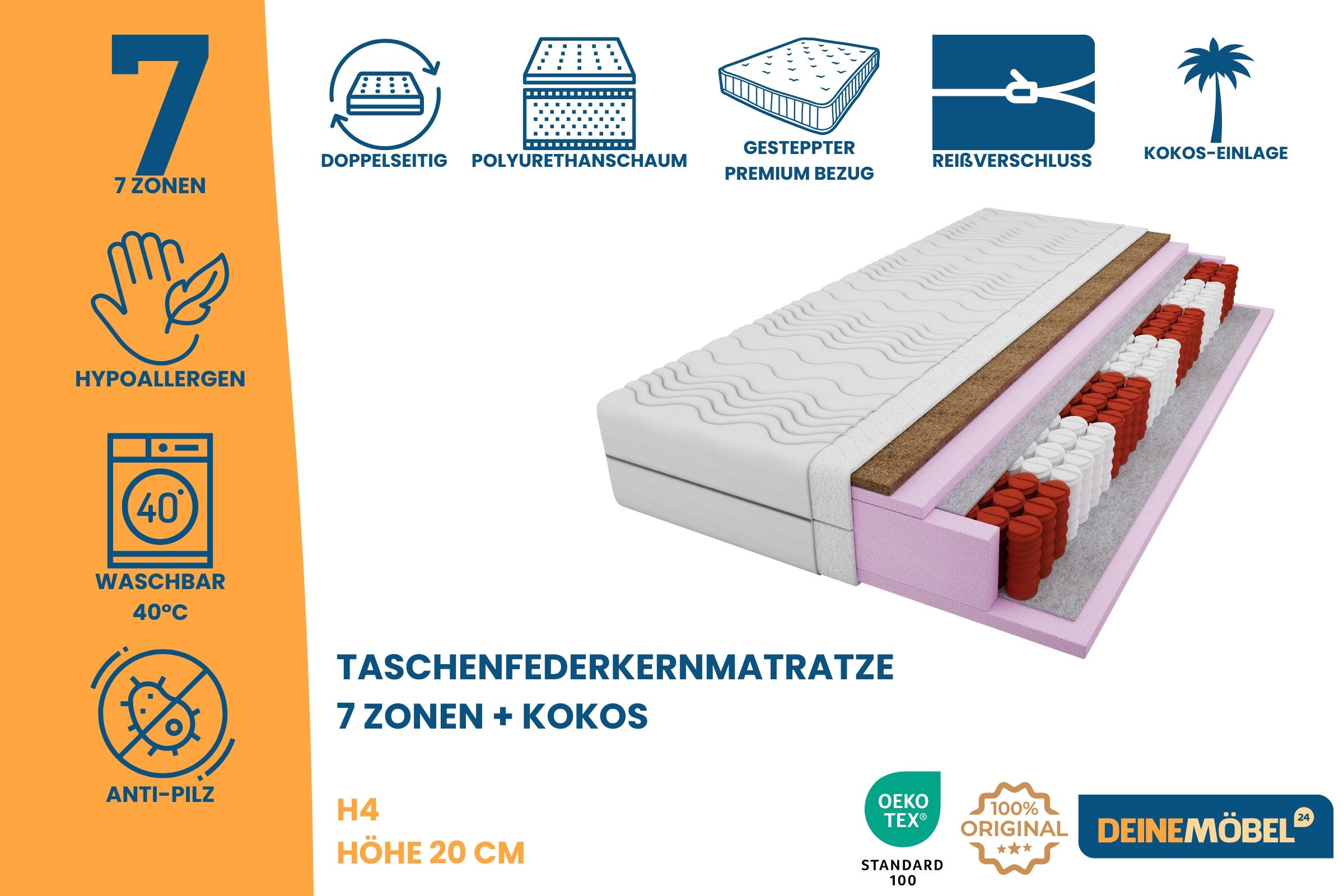 Taschenfederkernmatratze mit KOKOS 7-Zonen 20 cm günstig online kaufen