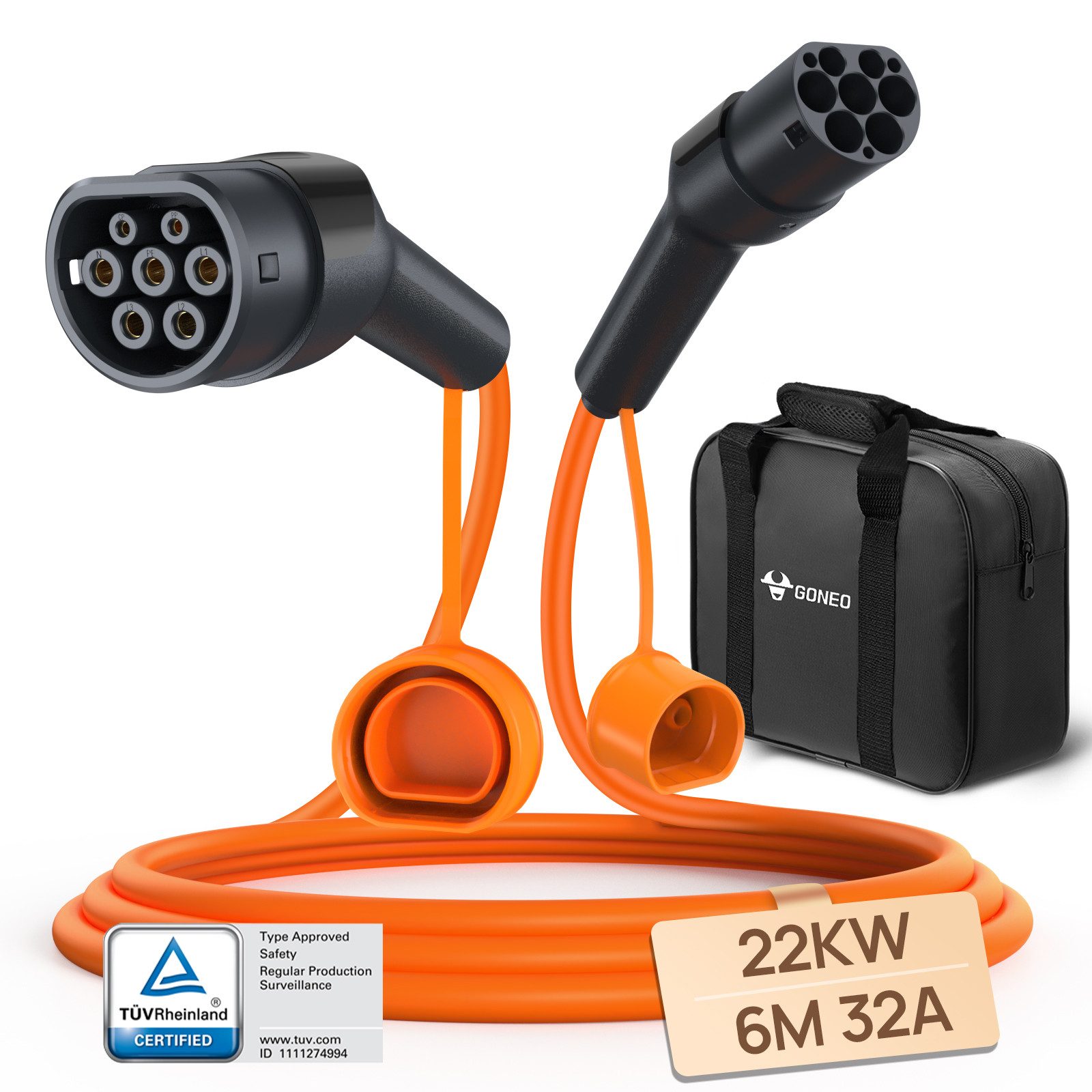 GONEO Typ 2 Ladekabel 7kW/11kW/22kW - Autoladekabel, Elektroauto-Ladekabel, (600 cm), Typ 2 auf Typ 2 EV Ladekabel mit Tragetasche