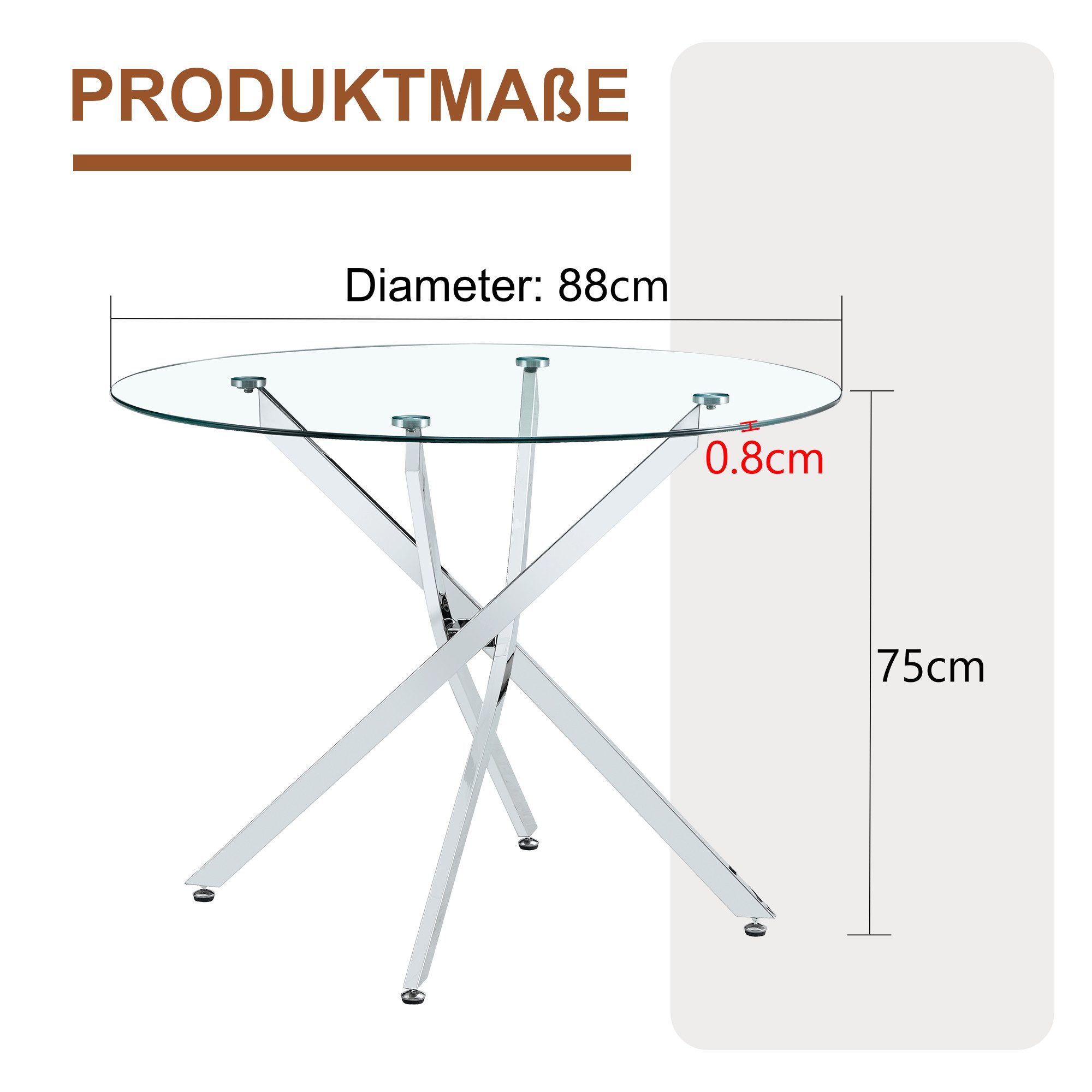 JUFU Glastisch Esstisch Küchentisch Couchtisch Konferenztisch platzsparend (1-St), rund Ø88cm für 2-4 Personen, Silber/Gold