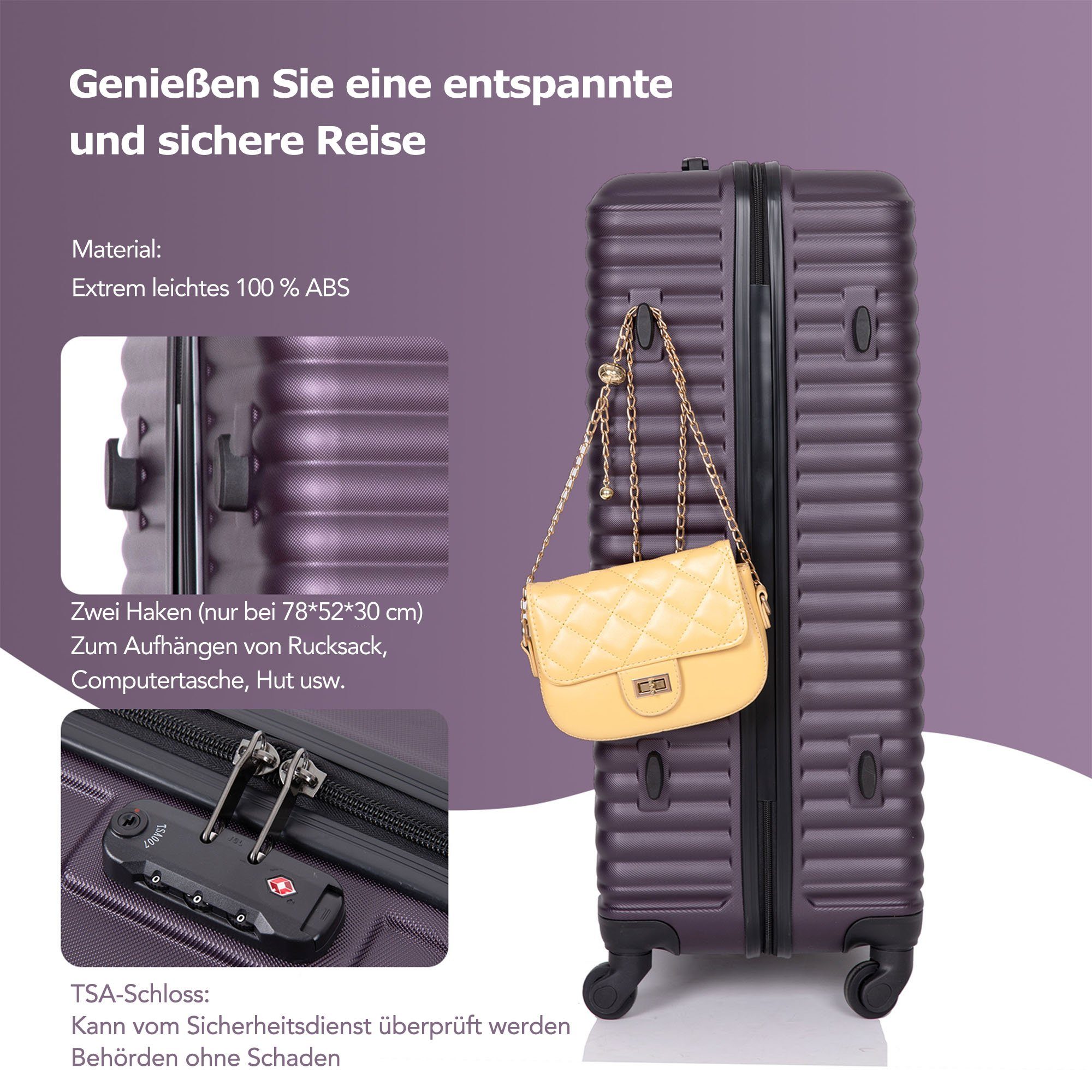 (Set, 3 Handgepäckkoffer Schiebehakenfüße Dunkellila mit Trolleyset, Kofferset Flieks Rollen, tlg), 4 Hartschalentrolley