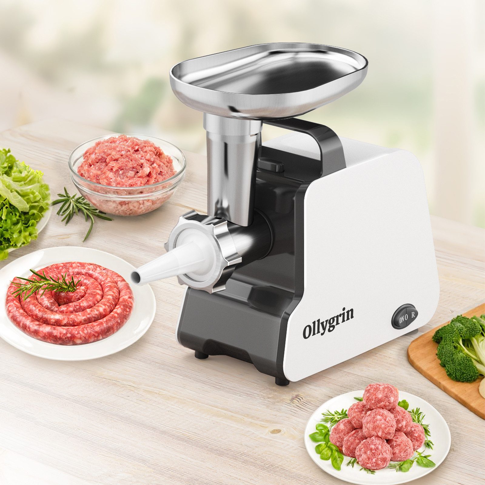 Ollygrin Fleischwolf Elektrischer Fleischwolf, hochleistungs-Wurstfüller, 350 W, max. 2300 W, mit Griff
