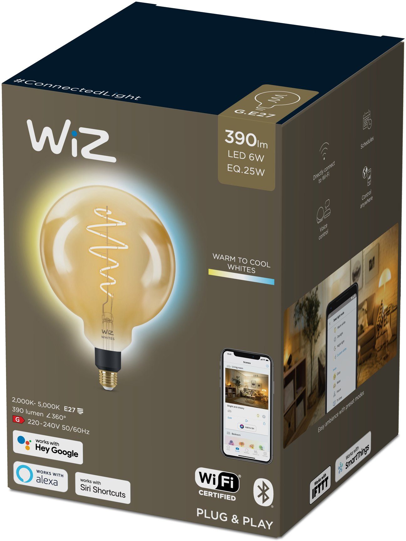 1 Amber LED E27 WiZ LED-Filament White E27, Vintage-Design XL-Globeform Filament für Filament Lampen klassisches Wiz G200 Tunable Einzelpack, 40W Warmweiß, St.,