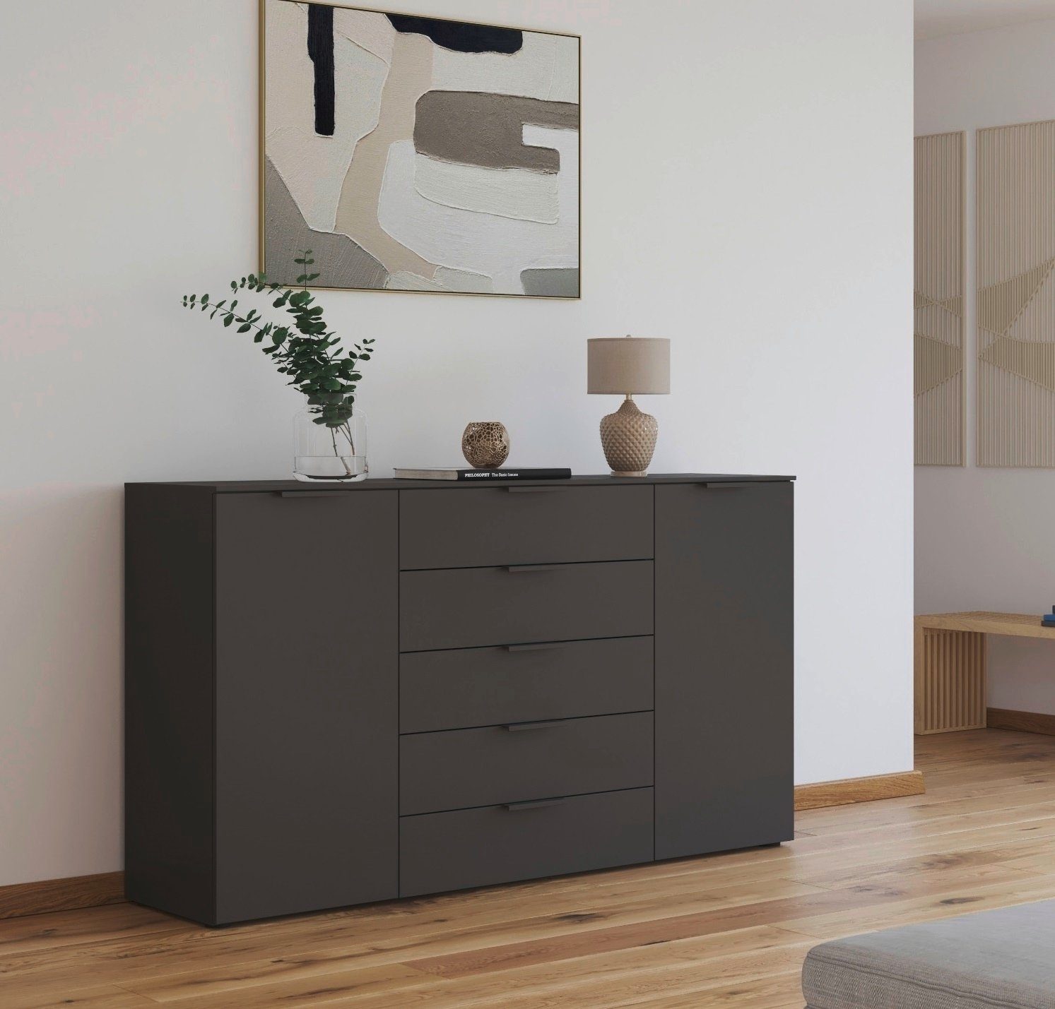 rauch Schubkastenkommode Flipp Schubladenkommode Wäscheschrank Schrank (Breite 160/180 cm mit 4 Einlegeböden), 2-türig mit 5 Schubladen und Soft-Close-Funktion in zwei Breiten