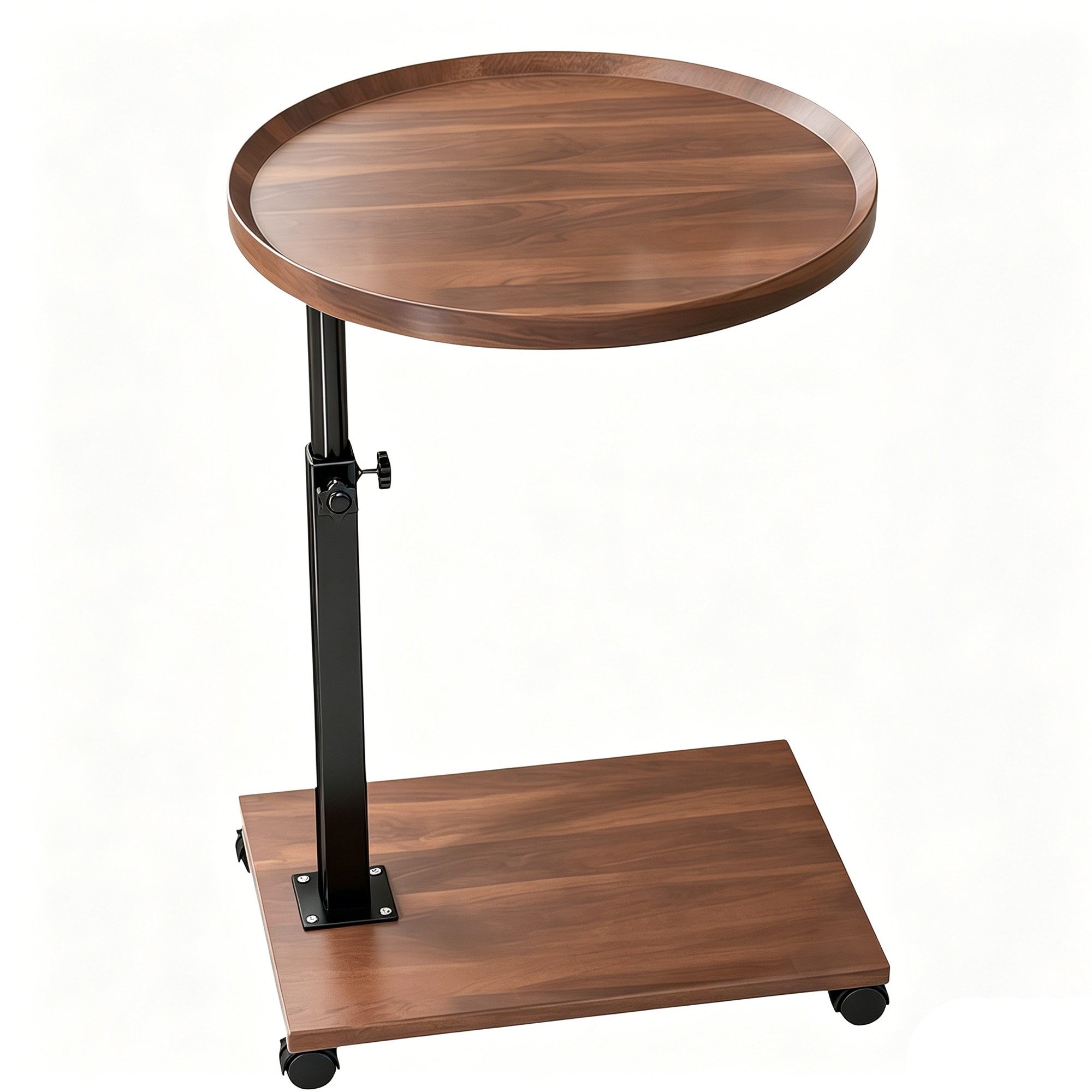 GLIESE POWER Beistelltisch mit Rollen, höhenverstellbar 45–80 cm – 2 Ablagen, stabil & mobil (Beistelltisch Nussbaum 40 cm Durchmesser), C-Beistelltisch mit Bremse, bis 20 kg belastbar
