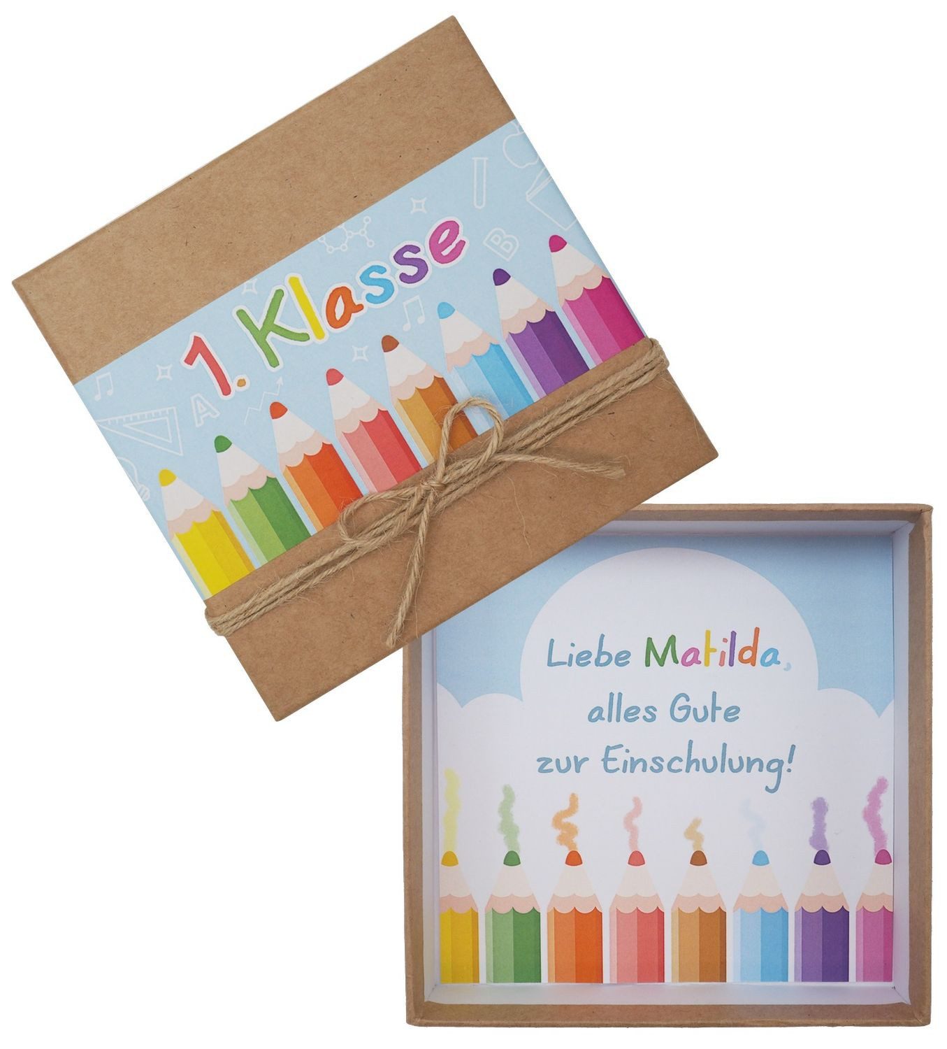 ZauberDeko Geschenkbox Geldgeschenk Kraft Verpackung MIT NAME Einschulung 1.Klasse Bunt