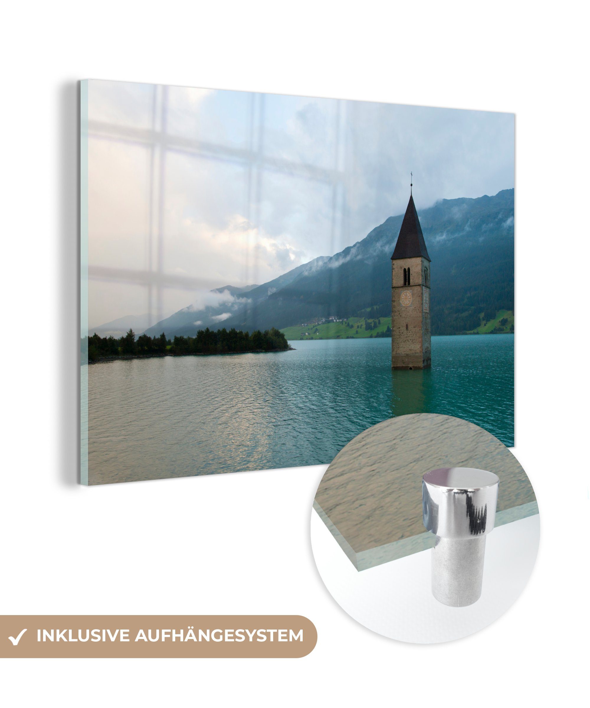 Wohnzimmer eingetaucht, (1 & in See Uhrenturm Acrylglasbild MuchoWow einem Acrylglasbilder St), Schlafzimmer