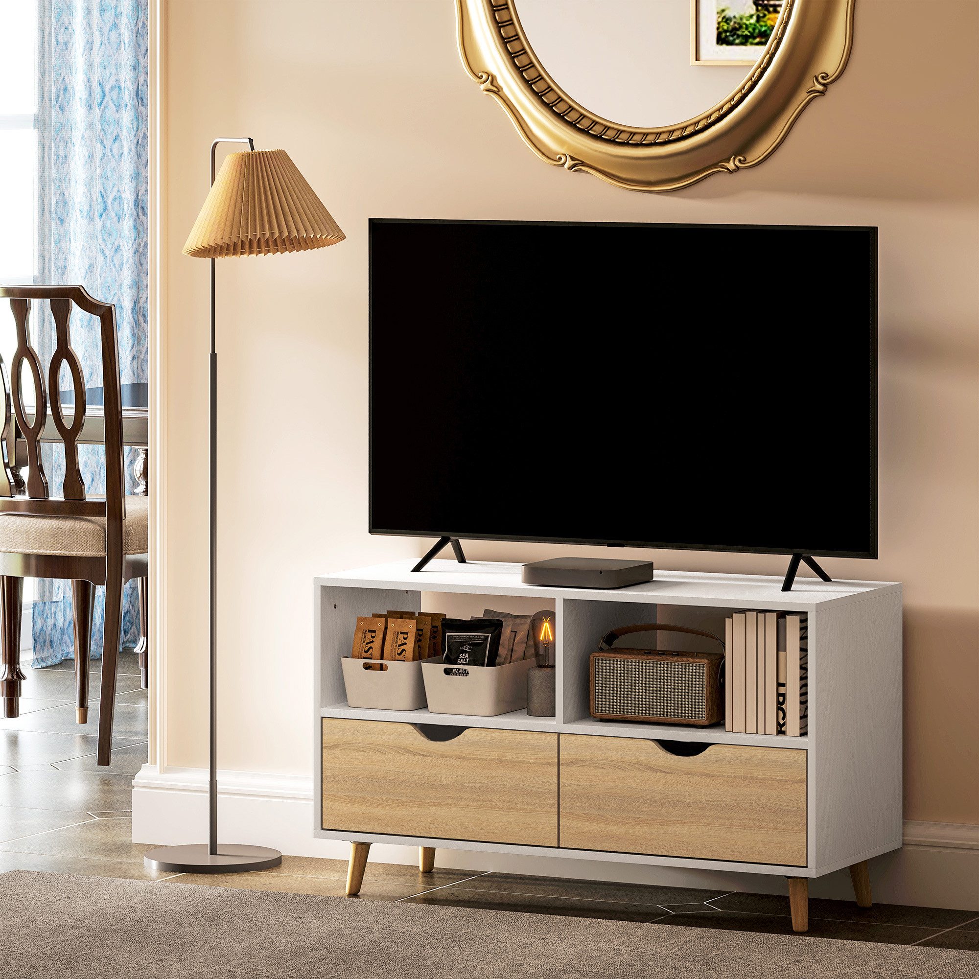HOMCOM TV-Board TV Schrank Lowboard mit 2 Ablage, Schublade, 99 cm lang (TV Board, 1 St., Fernsehtisch), für Wohnzimmer, Weiß – Bild 5 von 5