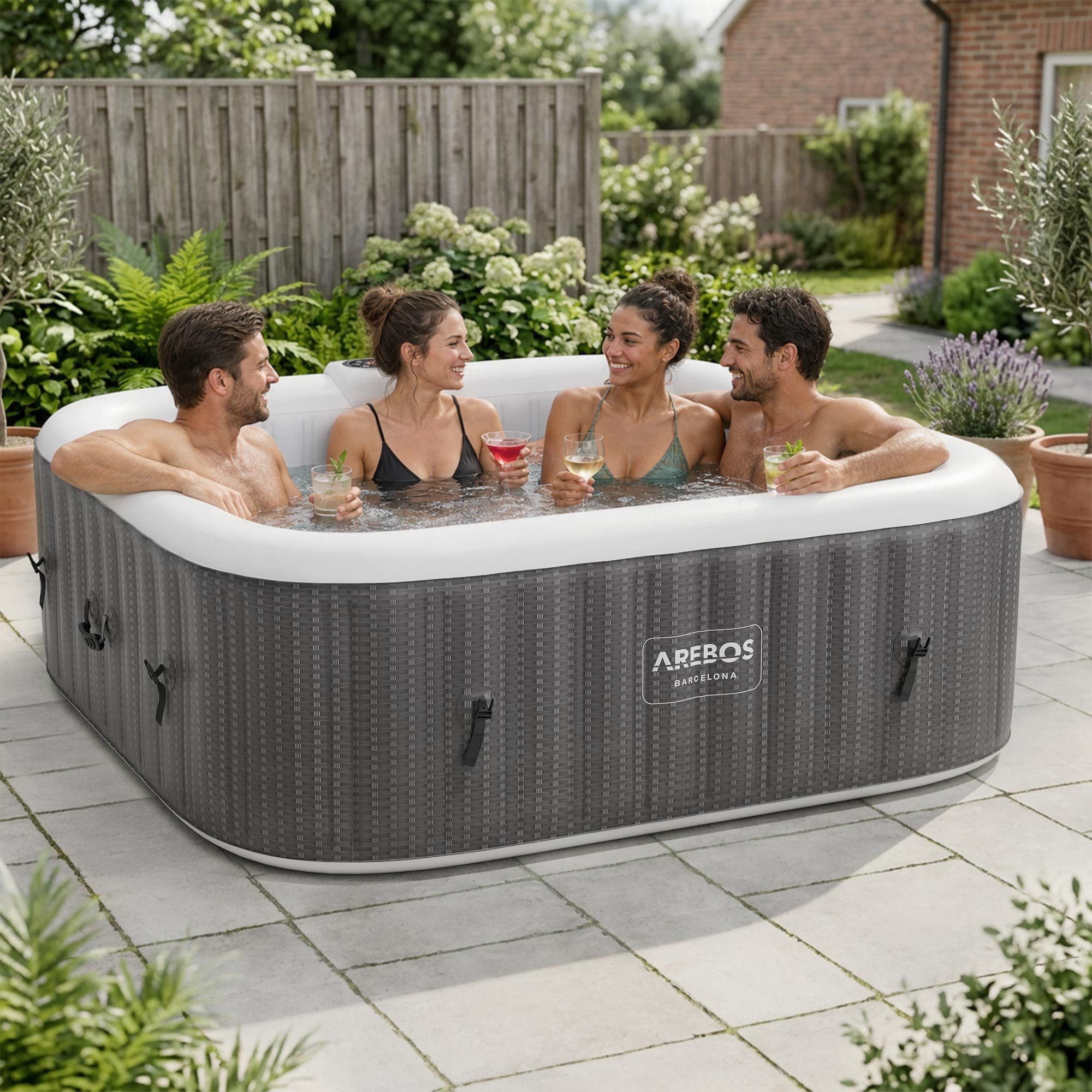 Arebos Whirlpool FLORENCE & BARECELONA Aufblasbar 4 oder 6 Personen mit 100/130 Düsen, (Komplett-Set), für Outdoor & Indoor