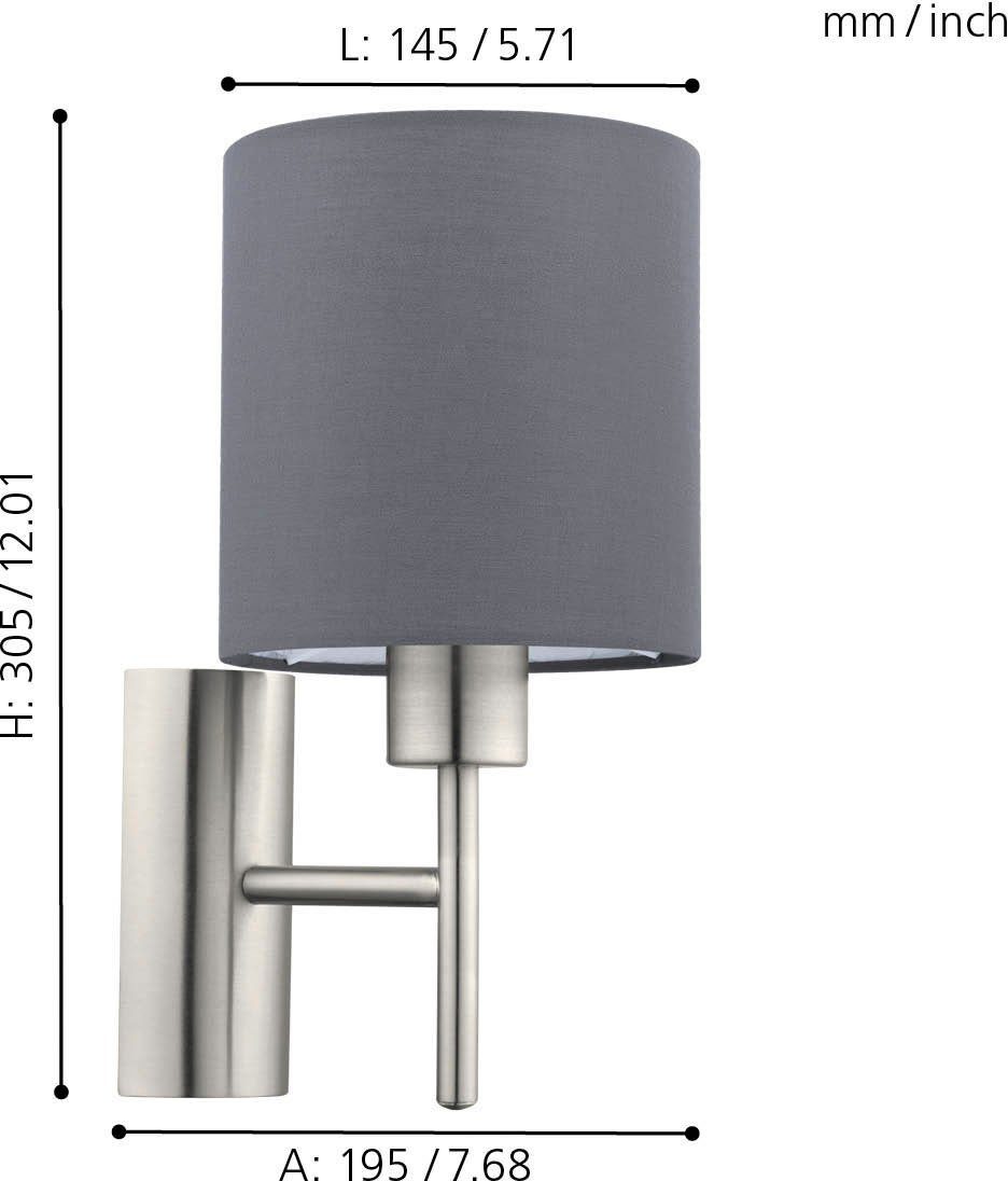EGLO Wandleuchte PASTERI Wandlampe, Stahl und Textil, E27, Schlafzimmerlampe, Lampe, Ein-/Ausschalter, ohne Leuchtmittel, Wandleuchte, L14,5 x H30,5, nickel-matt, 1X60W exkl.