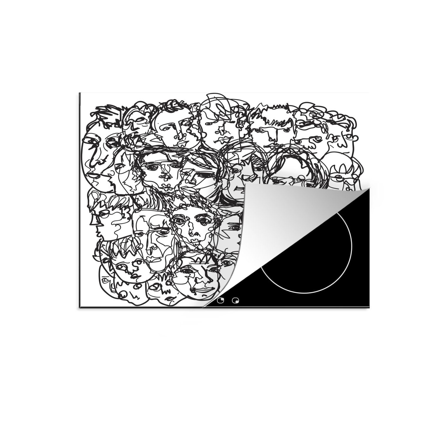 MuchoWow Herdblende-/Abdeckplatte Eine abstrakte schwarz-weiße Illustration von Gesichtern, Vinyl, (1 tlg), 60x52 cm, Mobile Arbeitsfläche nutzbar, Ceranfeldabdeckung