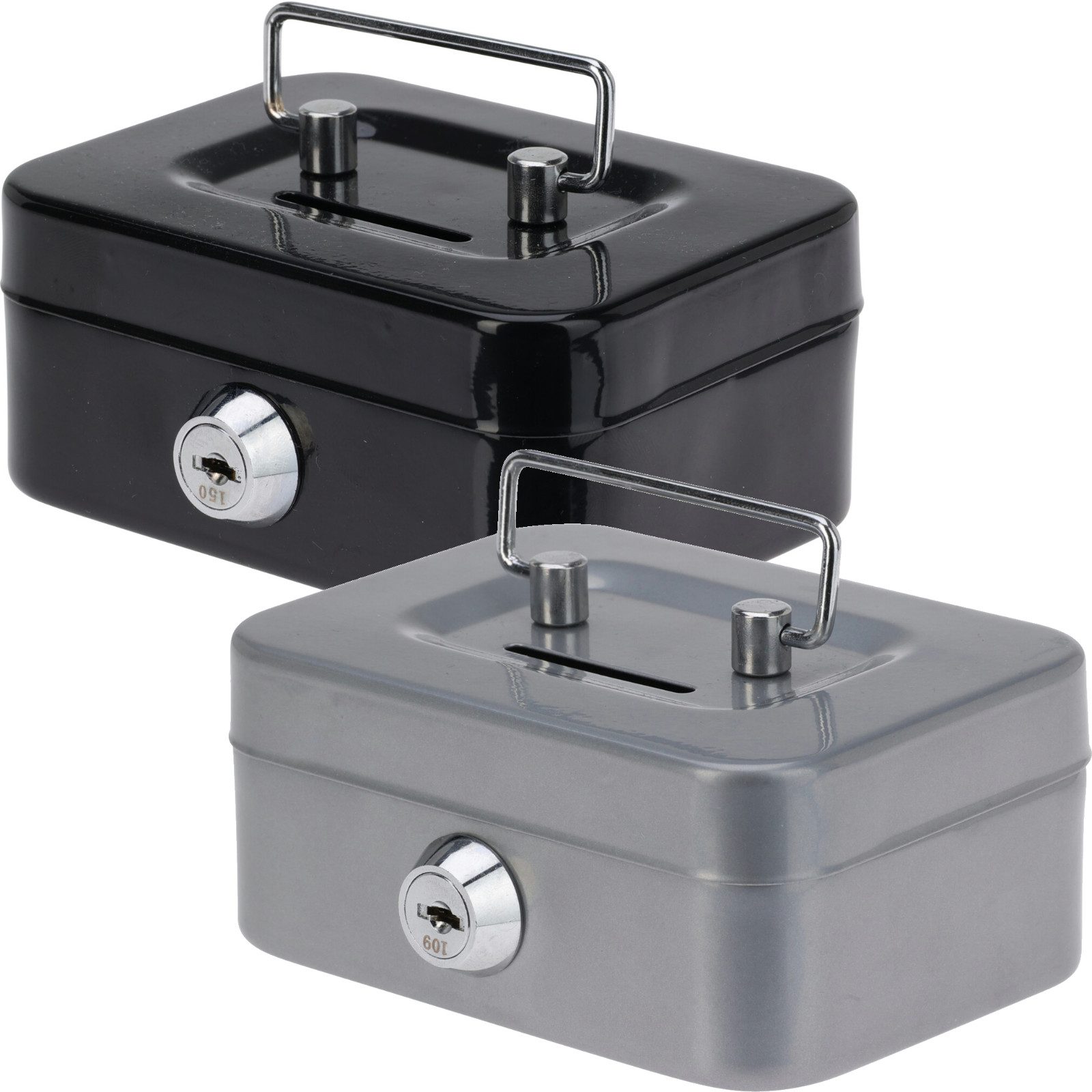 Koopman Spardose Geldkassette Sparbehälter Geldbehälter 11,5x9,5cm 2er Set, (Set, 2-tlg., Packung), Schwarz und Grau, Tragegriff, inkl. 2 Schlüssel, Verschließbar