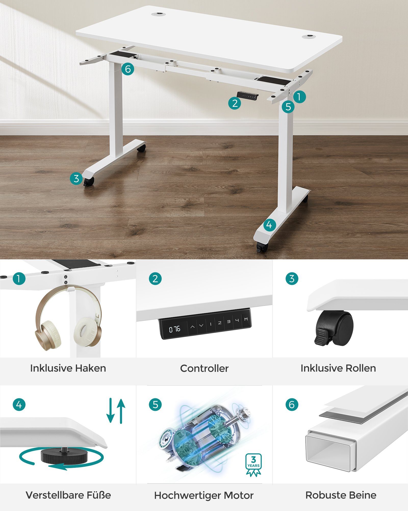 Bürotisch SONGMICS | höhenverstellbar elektrisch, Weiß Weiß Weiß | Schreibtisch Doppelmotor