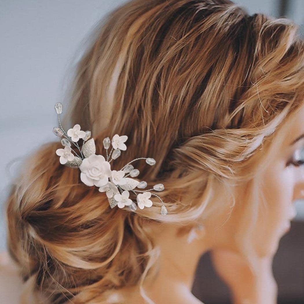 MOPUEA Haarnadeln Braut Hochzeit Haarkamm, Silber Blume Braut Kopfschmuck, Silber Kristall Stirnband Blume Perle Kopfschmuck Braut Kristall Blatt Haarschmuck, 1-tlg., Haarkamm mit Blumenblättern Brautschmuck für Frauen und Mädchen, Stirnband Blume Perle Kopfschmuck Braut Kristall Blatt Haarschmuck