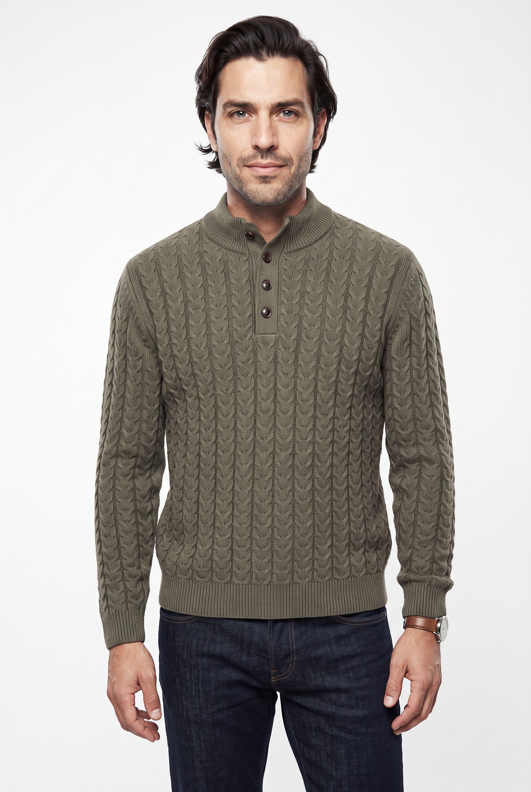 FYNCH-HATTON Troyer Strickpullover mit Zopfmuster und Knopfleiste, Woll-Anteil