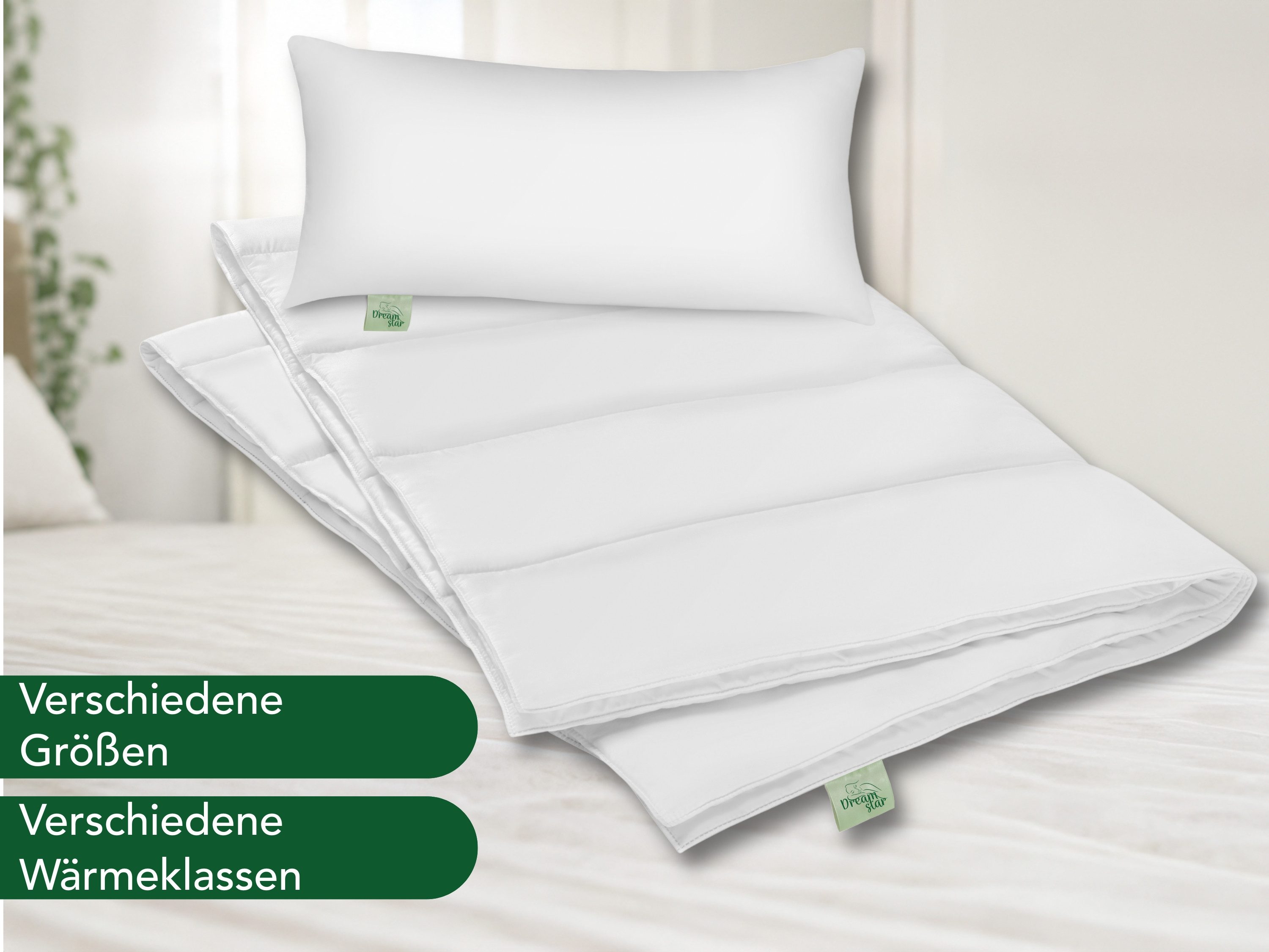 Dreamstar Microfaserbettdecke + Kopfkissen Bettdecke 135x200 oder 155x220 cm mit Kissen 40x80 oder 80x80 cm, Füllung: Faserfüllung, Bezug: Microfaser, Bettwaren-Set, 4 Jahreszeiten-Bettdecke & Kissen, weich & atmungsaktiv
