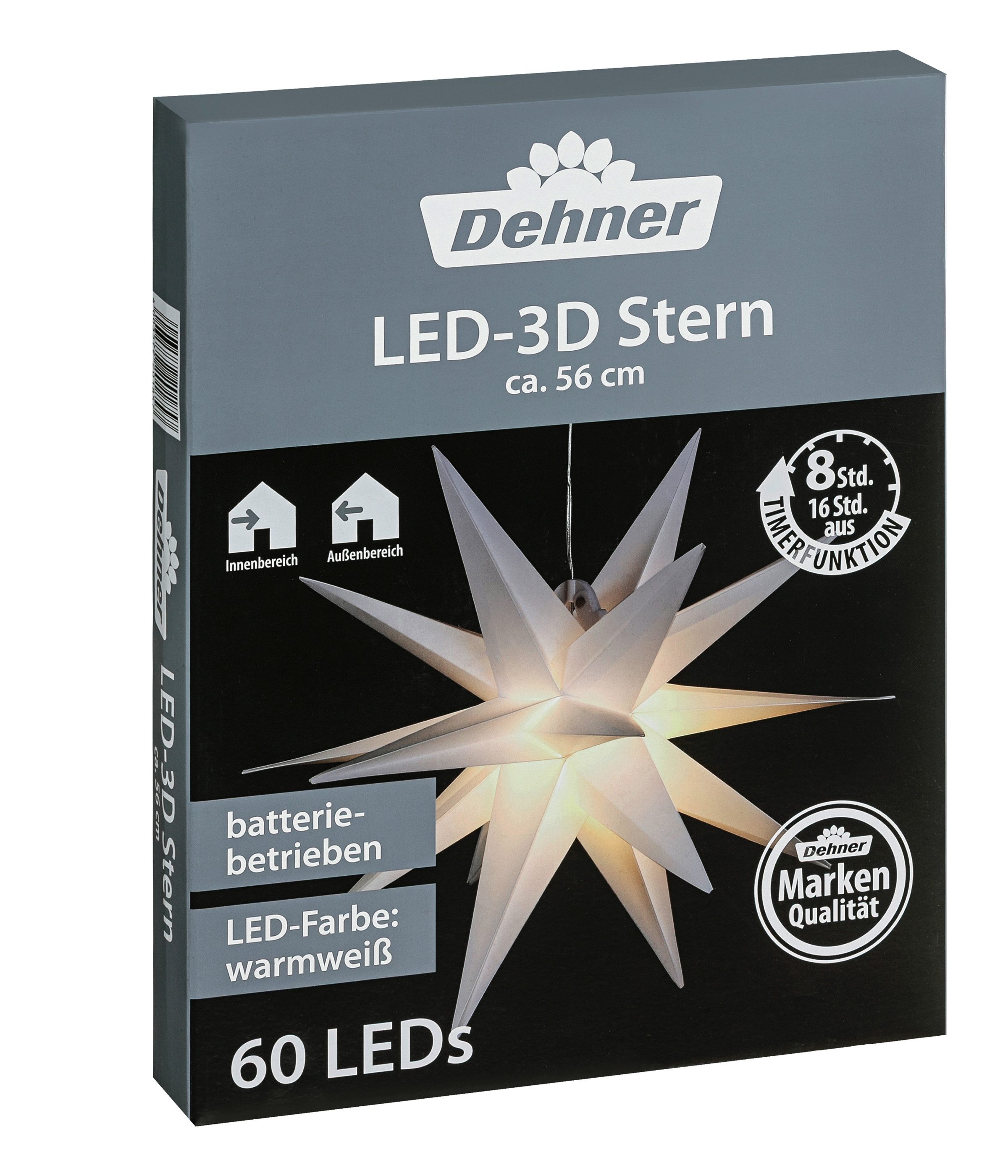 Dehner LED-Lichterkette 3D-LED-Stern, 60 LEDs, Ø 56 cm, Kunststoff, weiß, 60-flammig, Weihnachtsstern inkl. Timer, Indoor / Outdoor