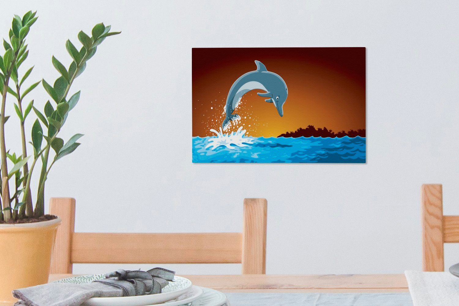 cm St), 30x20 (1 Leinwandbilder, Leinwandbild Delfin Sonnenuntergang, Wasser - Wandbild Aufhängefertig, - OneMillionCanvasses® Wanddeko,