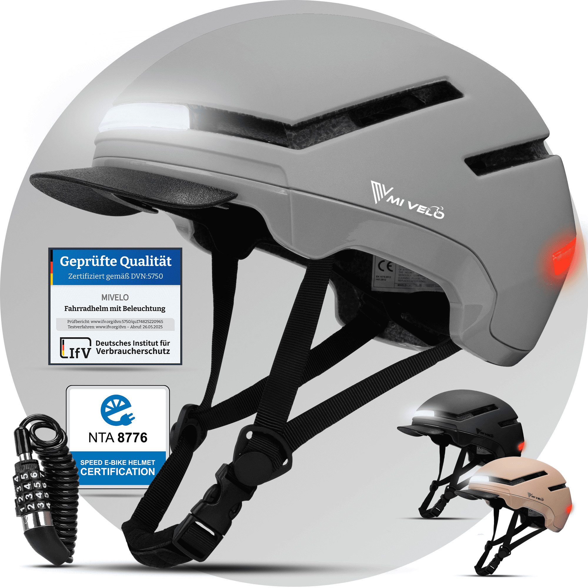 MIVELO Fahrradhelm NOVA - für Herren und Damen mit Licht vorne & hinten, NTA zertifiziert, 360° Beleuchtung, 24 Monate Crash-Ersatz-Garantie