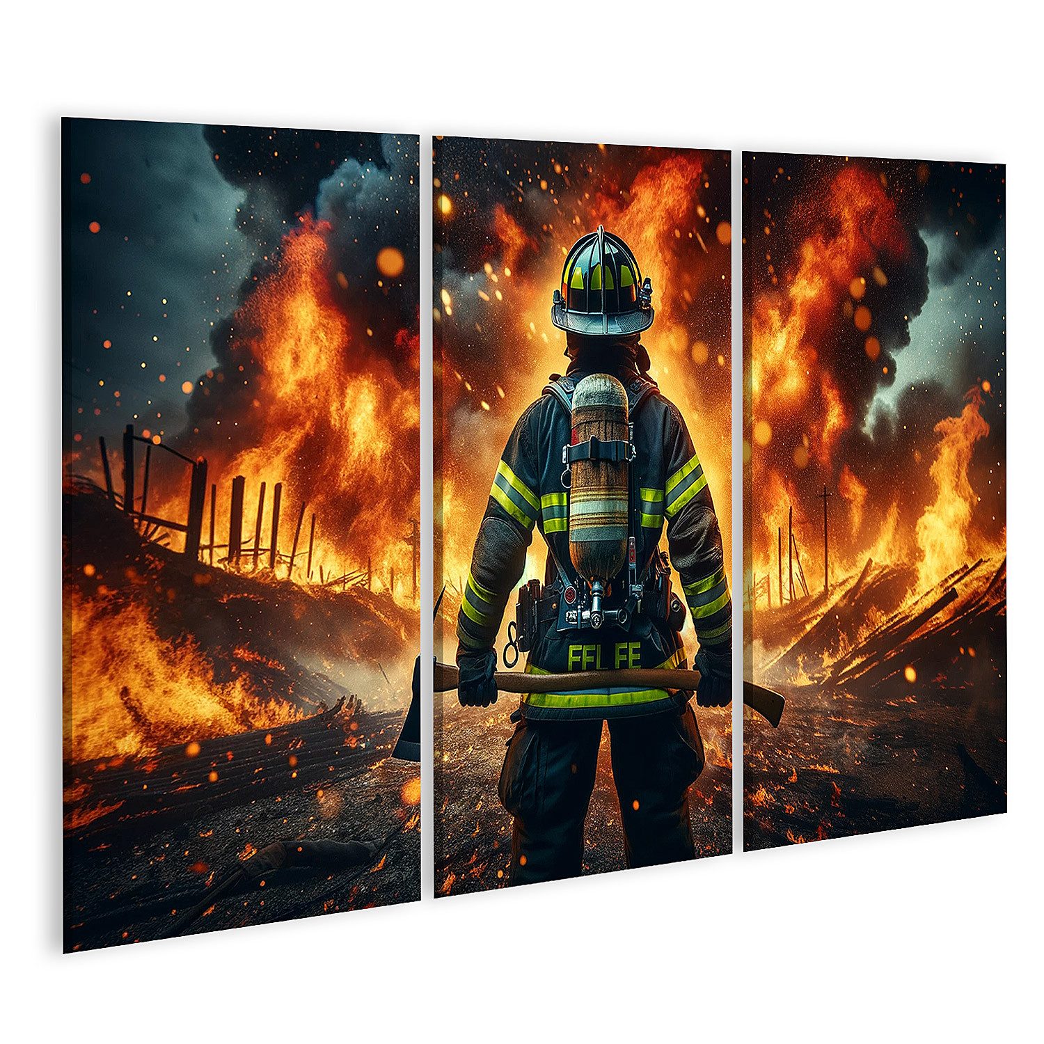 Leinwandbild Feuerwehrmann Vor Flammenmeer Wandbild