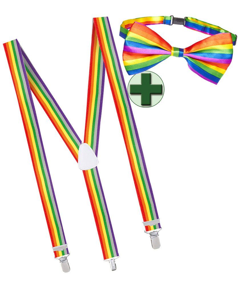 Karneval-Klamotten Kostüm Regenbogen LGBTQ Deko Party Set Fliege Hosenträger, Accessoires für Pride Party