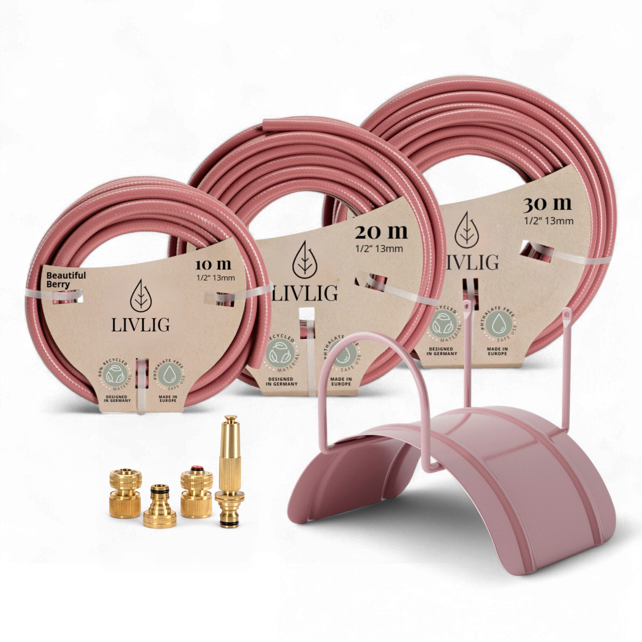 LIVLIG Gartenschlauch im Set, Schöner Gartenschlauch, Wandhalterung, Spritze, Weinrot