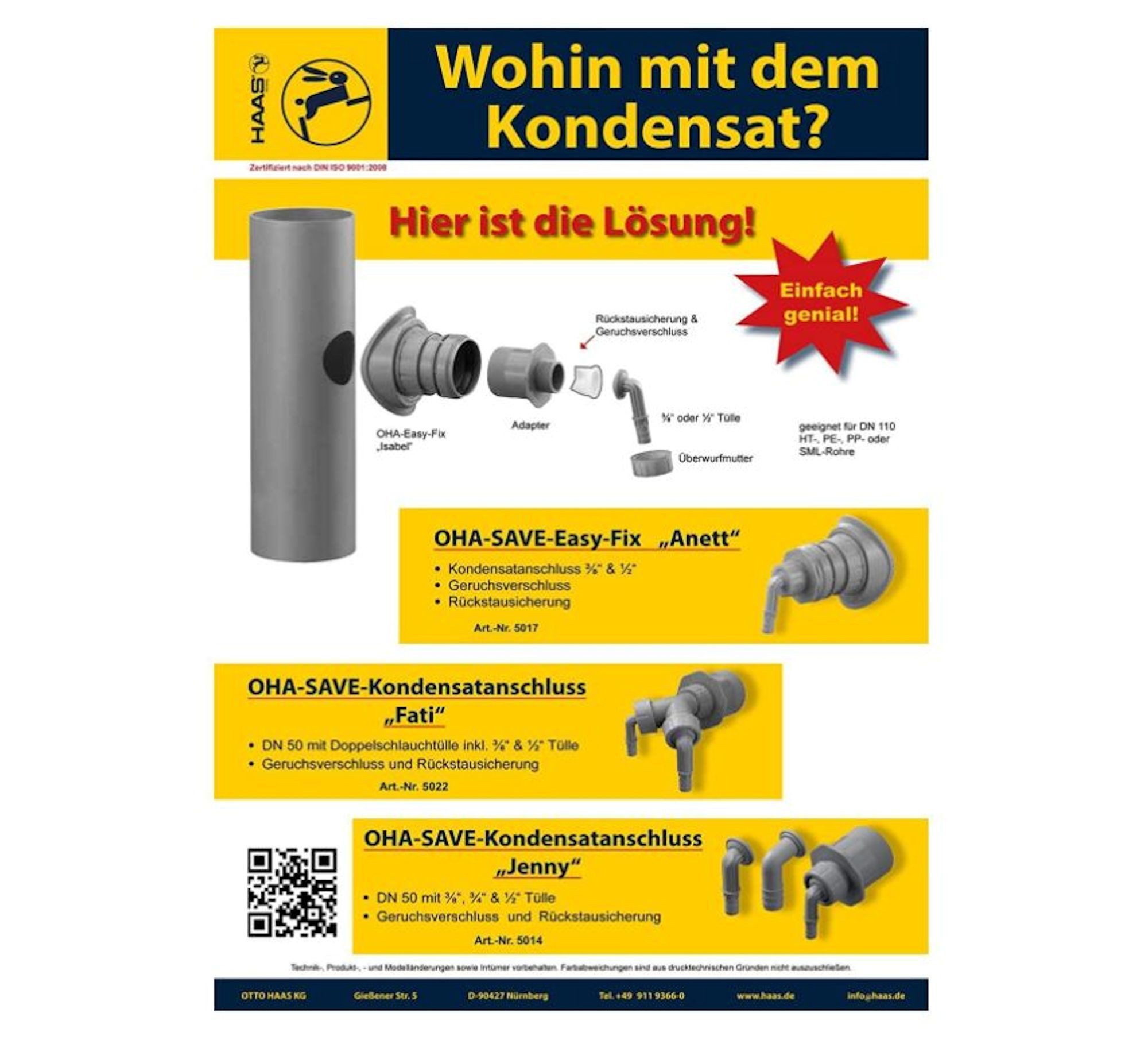 HAAS Ablaufrohr Abzweig Anschlussverbinder - OHA-EASY-FIX, Isabel - DIN 4102-B2, DN 110/40