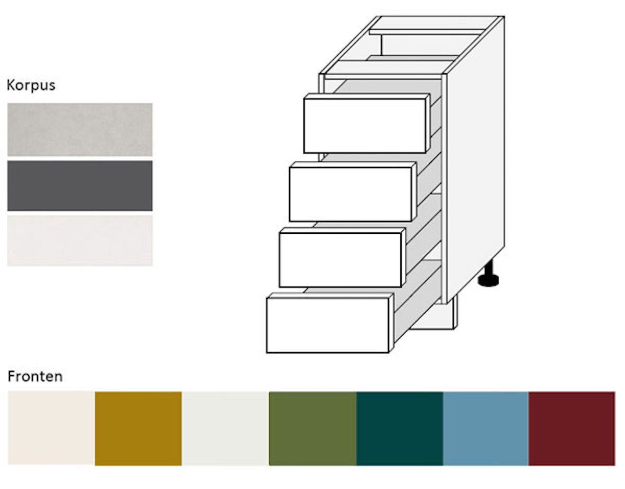 Front- wählbar 4 Schubladen Rimini 40cm und 6025 farngrün Korpusfarbe (Vollauszug) Unterschrank mit (Rimini) Feldmann-Wohnen matt RAL