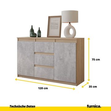 Furnica Kommode MIKEL, 3 Schubladen und 2 Türen - Sonoma Eiche H75cm B120cm T35cm (1 St)