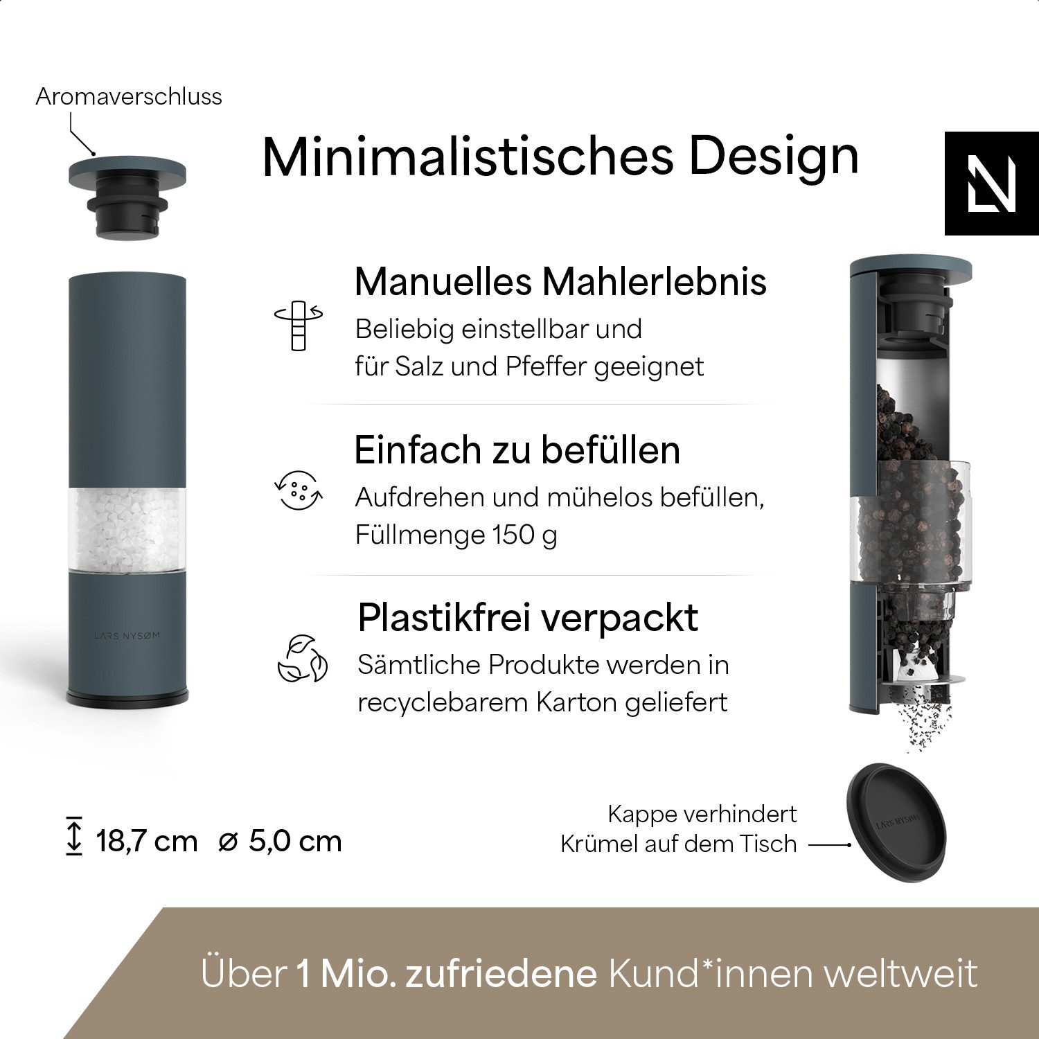 LARS NYSØM Gewürzmühle Lagom manuelle Bedienung, (2 Stück), Edelstahl Gewürzmühlenset mit Keramikmahlwerk (Stufenlos) – Bild 4 von 5