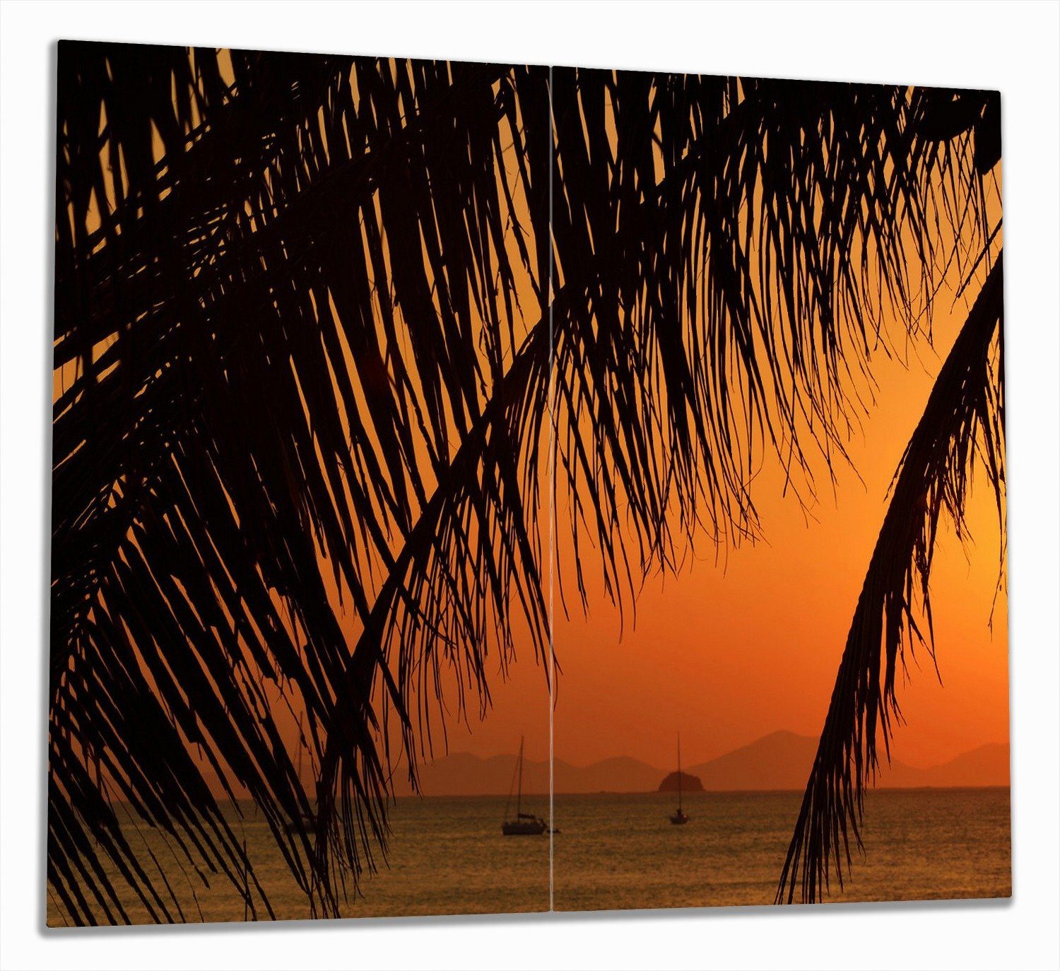 Wallario Herd-Abdeckplatte Sonnenuntergang unter Palmenblättern, ESG-Sicherheitsglas, (Glasplatte, 2 tlg., inkl. 5mm Noppen), verschiedene Größen