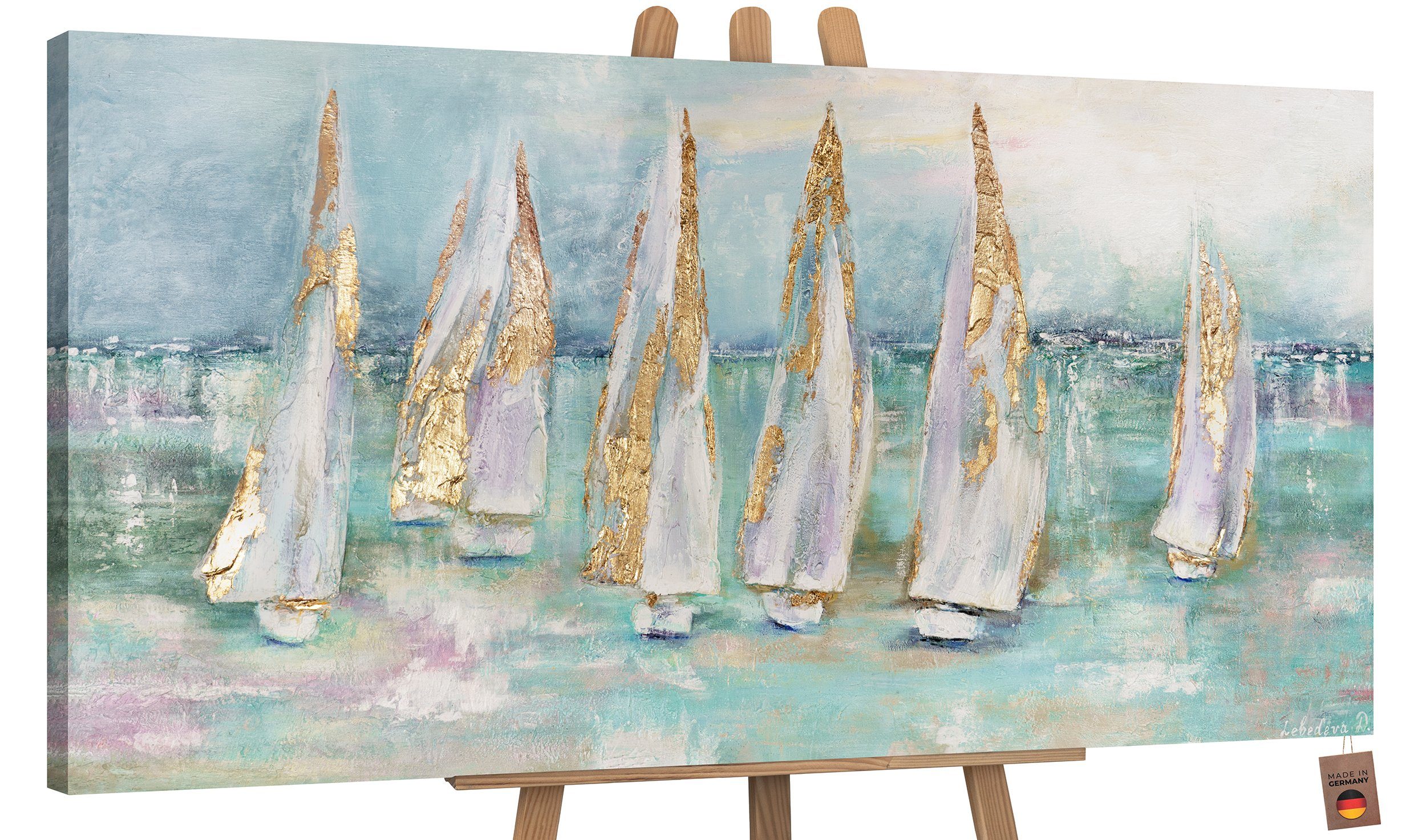 YS-Art Gemälde Segelboote, Meer, Leinwand Bild Handgemalt Segelboote am Meer Türkis Gold Ohne Schattenfugenrahmen