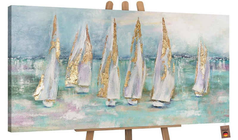 YS-Art Gemälde Segelboote, Meer, Leinwand Bild Handgemalt Segelboote am Meer Türkis Gold