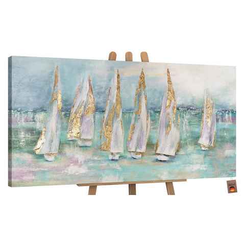 YS-Art Gemälde Segelboote, Meer, Leinwand Bild Handgemalt Segelboote am Meer Türkis Gold