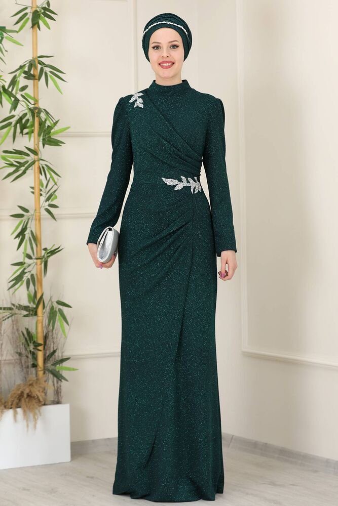 Modavitrini Maxikleid Damen Abendkleid Abaya Abiye Hijab Kleider langärmliges Maxikleid Glitzer Stoff Grün