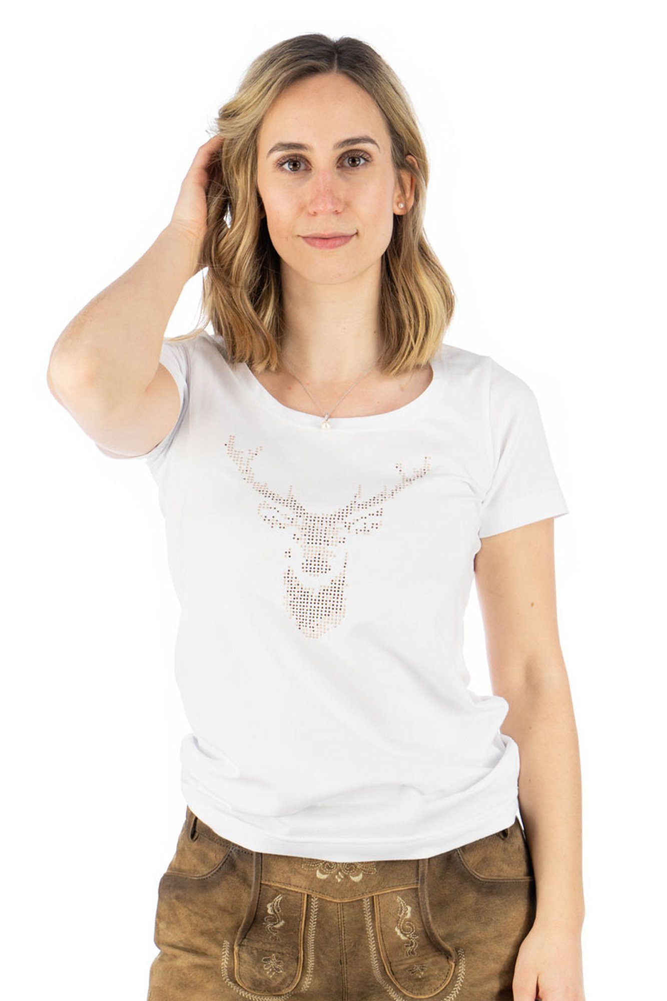 OS-Trachten Trachtenshirt weiß auf Uginoy Strass-Hirsch mit T-Shirt Brust der Kurzarm