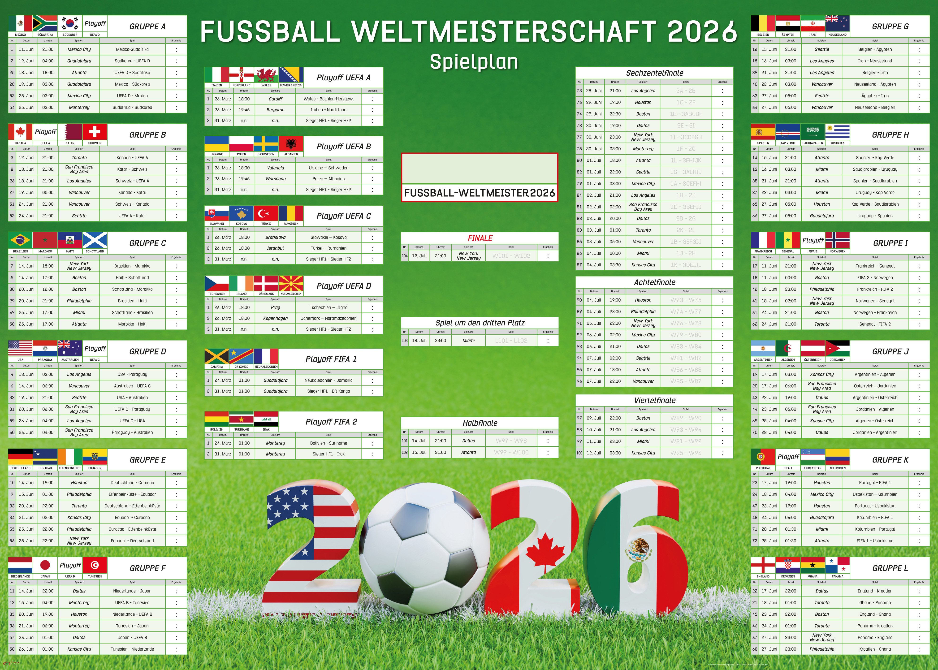 Poster XXL Fussball WM 2026 Planer mit Playoffs - 100x140 cm