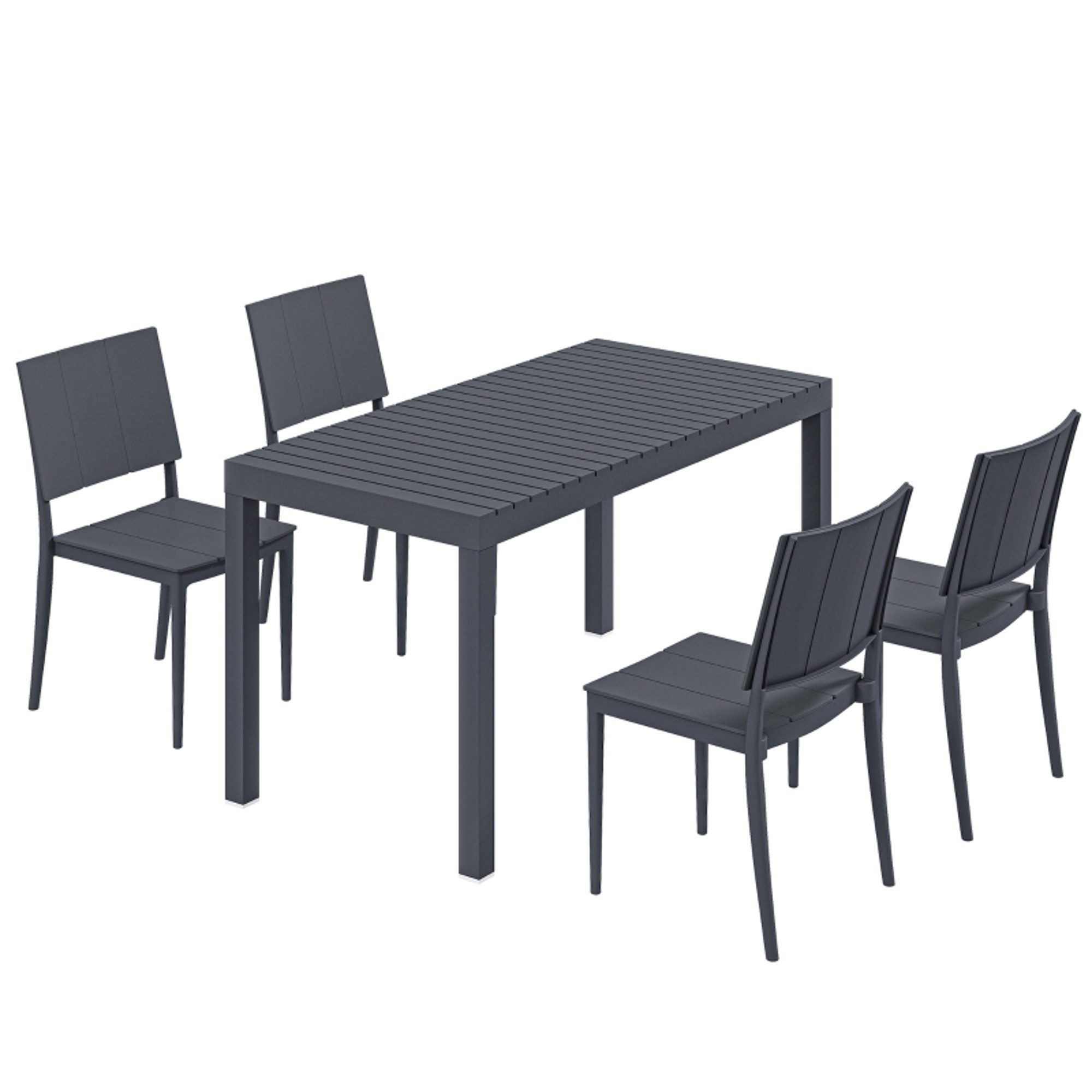 MC Star Gartenlounge-Set Gartenmöbel Set Sitzgruppe 5-teilig Breiter Tisch, (mit 4 Stapelstühlen Lamelldesign für 4 Personen Dunkelgrau)