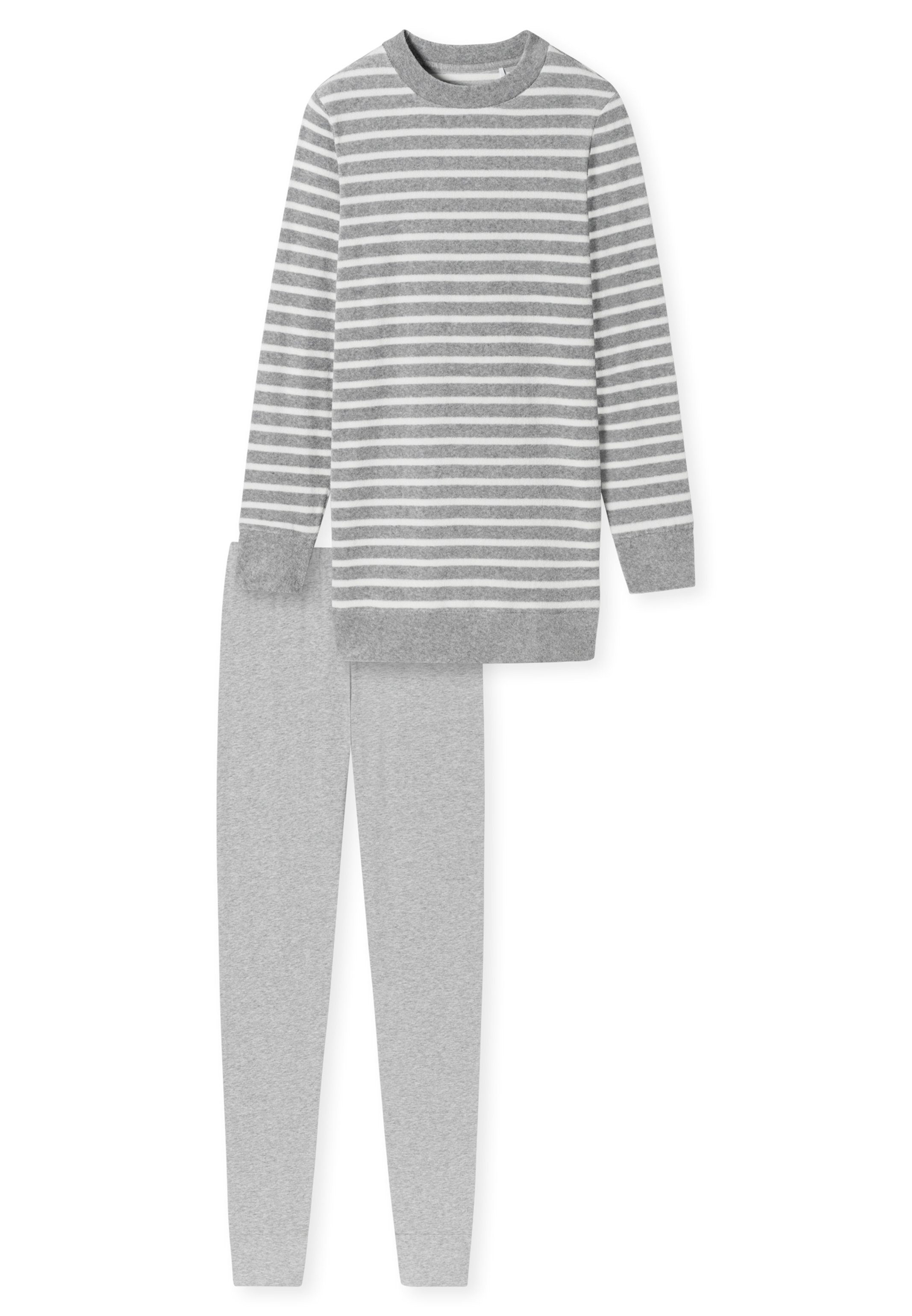 Schlafanzug Grau (Set, - Essentials 2 Pyjama Melange Casual Schiesser tlg) längerer - mit Passform Langarmshirt Baumwolle
