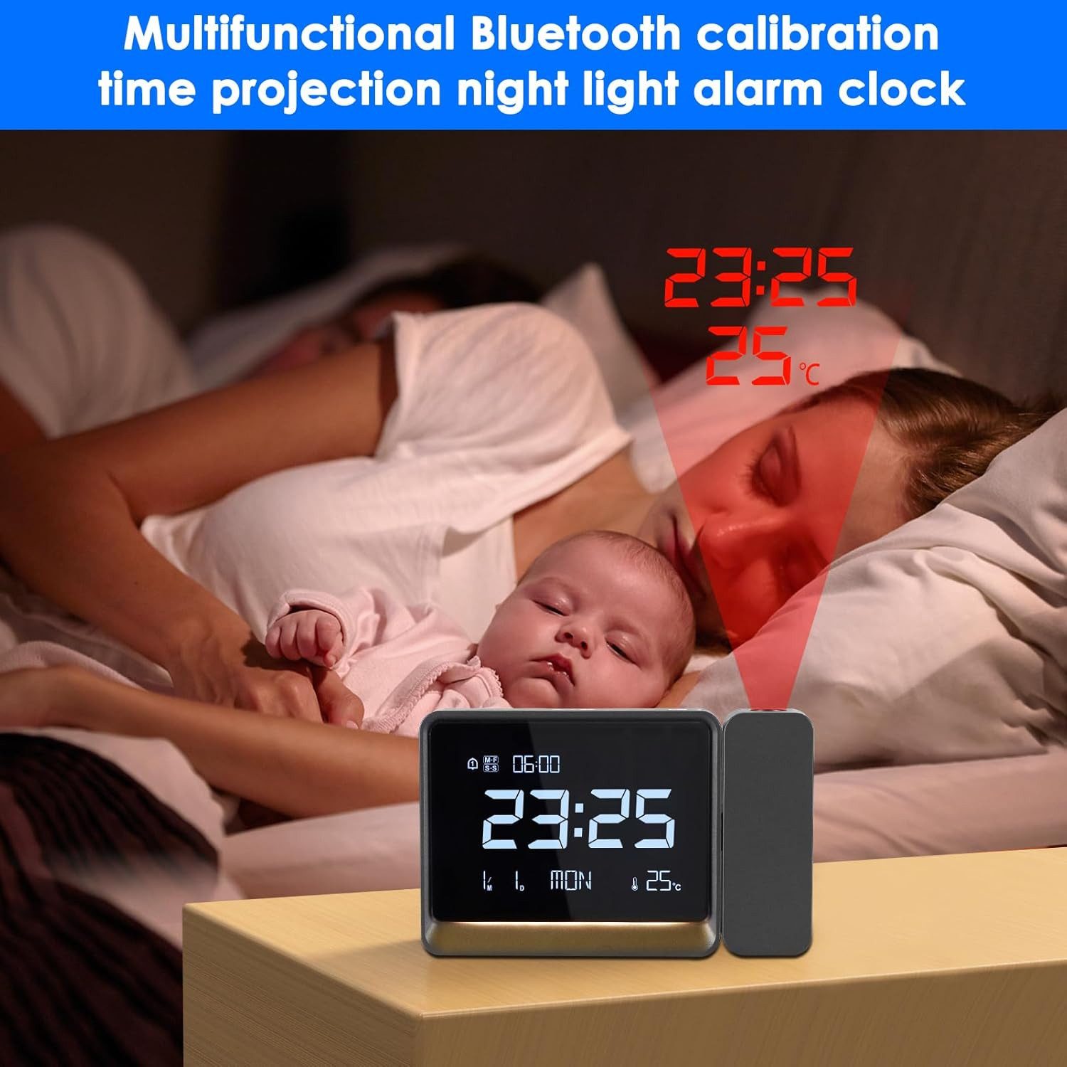 Toomoke Projektionswecker Bluetooth Digital Wecker,Elektronische Uhr,Nachtlicht,Digitaluhr mit Temperaturanzeige,Datum und Wochentag,180° drehbarem Projektor