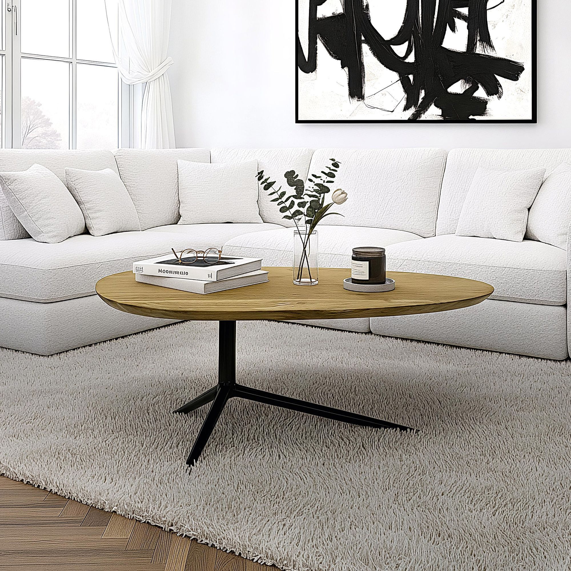 Wohnling Couchtisch Couchtisch Akazie Massivholz 87x50 cm Sofatisch mit Metallgestell (Eleganter Materialmix aus Holz und Metall), Handgefertigt im modernen Stil