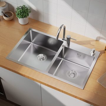 Auralum Edelstahlspüle Küchenspüle Einbauspüle Spülbecken Doppelspüle mit Flexibel Wasserhahn, mit Siphon und Ablaufgarnitur