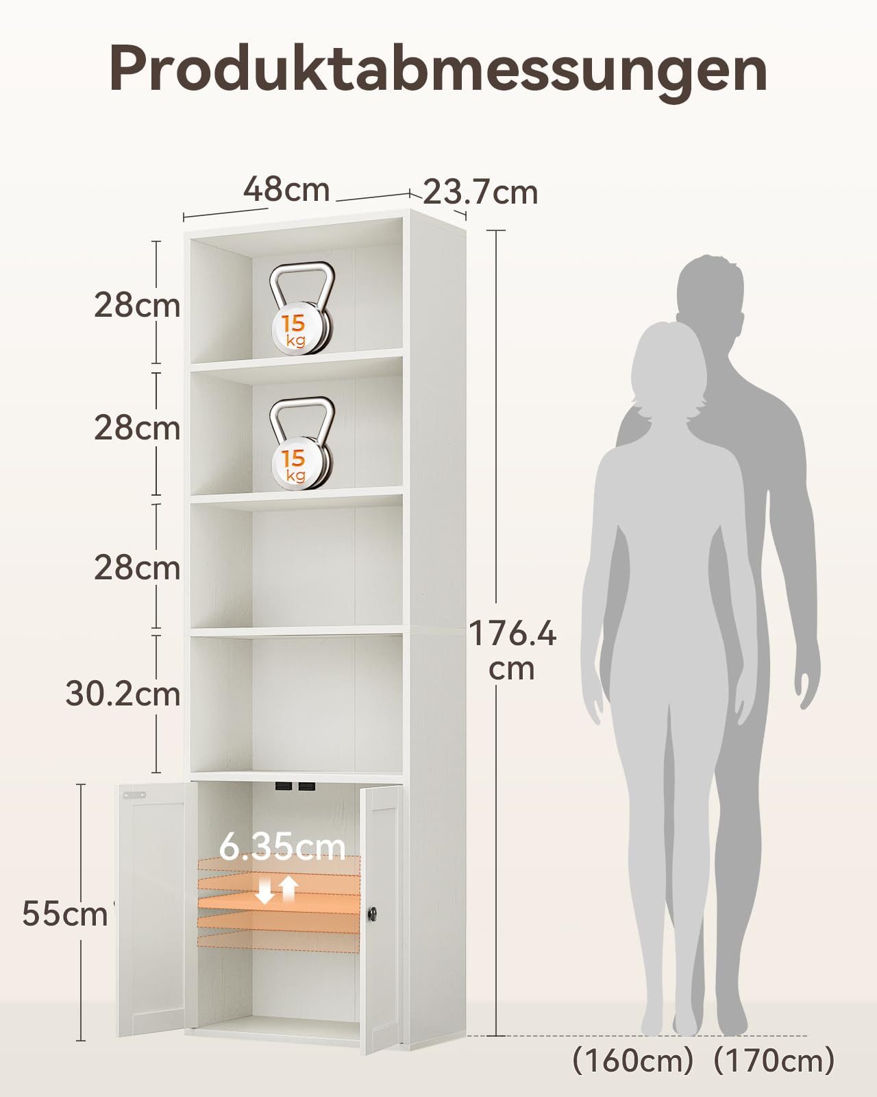 ODK Bücherregal mit Türen, Standregal mit 6 Ebenen, Höhe 176,4 cm, 1-tlg., Aufbewahrungsregal für Wohnzimmer, Homeoffice und Schlafzimmer