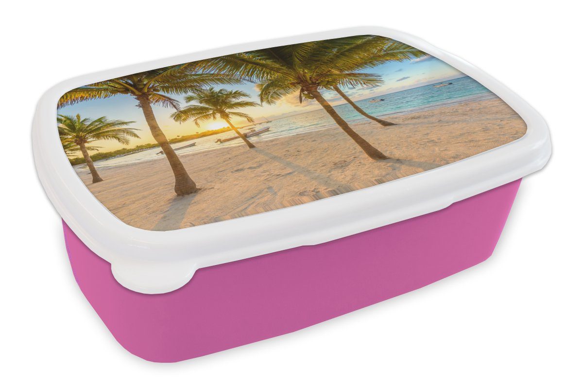 MuchoWow Lunchbox Strand - Meer - Mexiko - Sonnenuntergang, Kunststoff, (2-tlg), Brotbox für Erwachsene, Brotdose Kinder, Snackbox, Mädchen, Kunststoff rosa