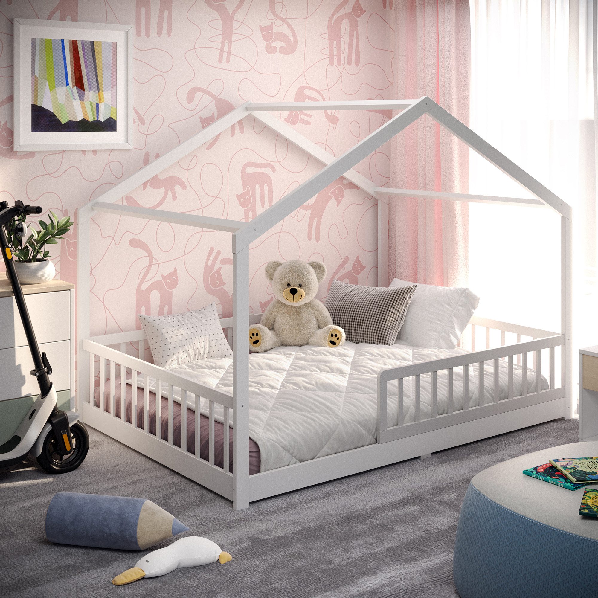 CADANI Kinderbett Malte Bodenbett Hausbett (Rausfallschutz abnehmbar), Bode günstig online kaufen