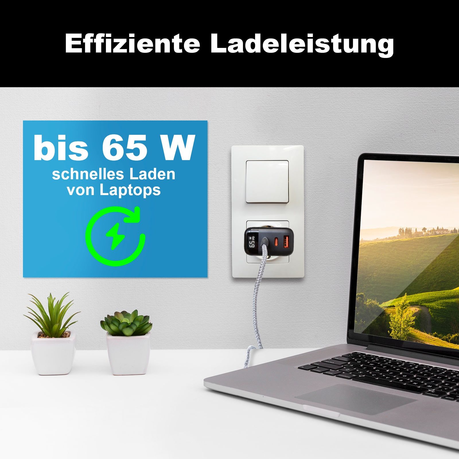 EAXUS 3-Port USB-C Netzteil 65 Watt mit Display - für iPhone, iPad, Handy Universal-Ladegerät (Schnellladegerät auch für Macbook & Laptop, Schwarz) – Bild 4 von 5