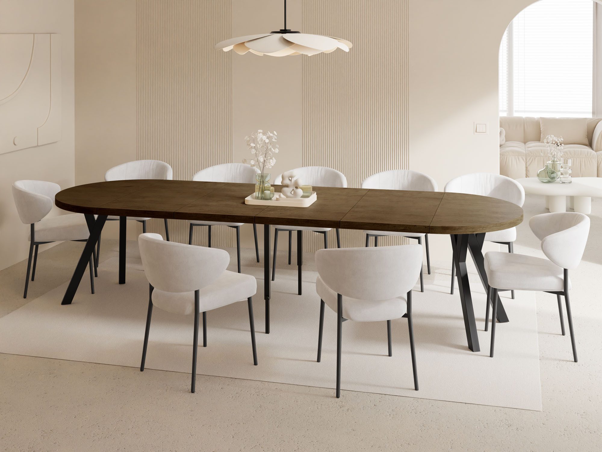 WFL GROUP Esstisch Twixy ausziehbar rund industrial mit schwarzen Holzbeinen (MADE IN EU, erhältlich in 2 Größen – Durchmesser 100 cm, ausziehbar auf 250/300 cm), XXL groß extra lang Ausziehtisch für 5-16 oder 5-14 Personen