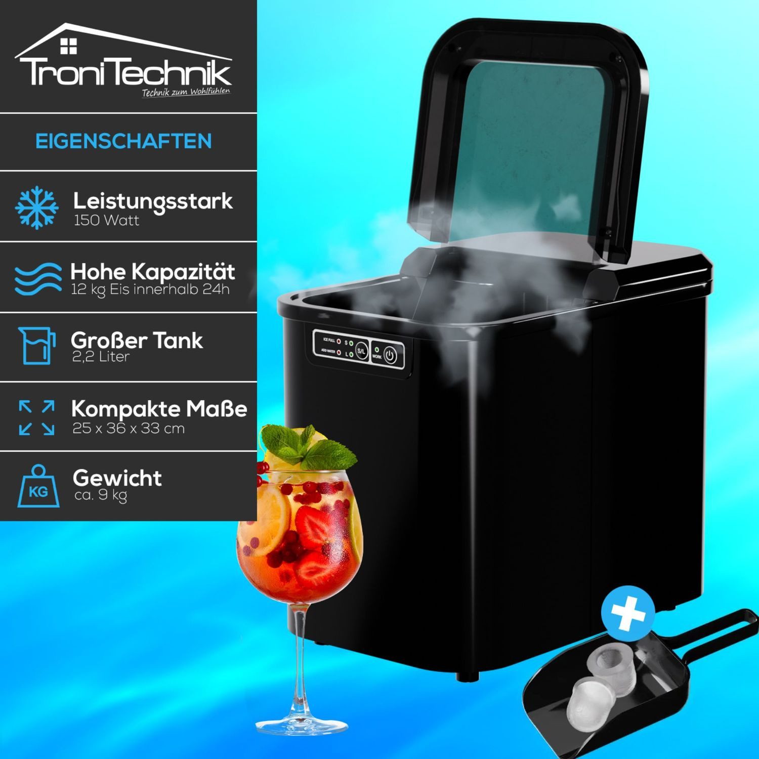 TroniTechnik Eiswürfelmaschine Ice Maker Eiswürfelbereiter inkl. Schaufel, Behälter, 2,2 Liter Wassertank, 12kg/24h, Würfelgrößen S/L, 150W, schwarz – Bild 2 von 5