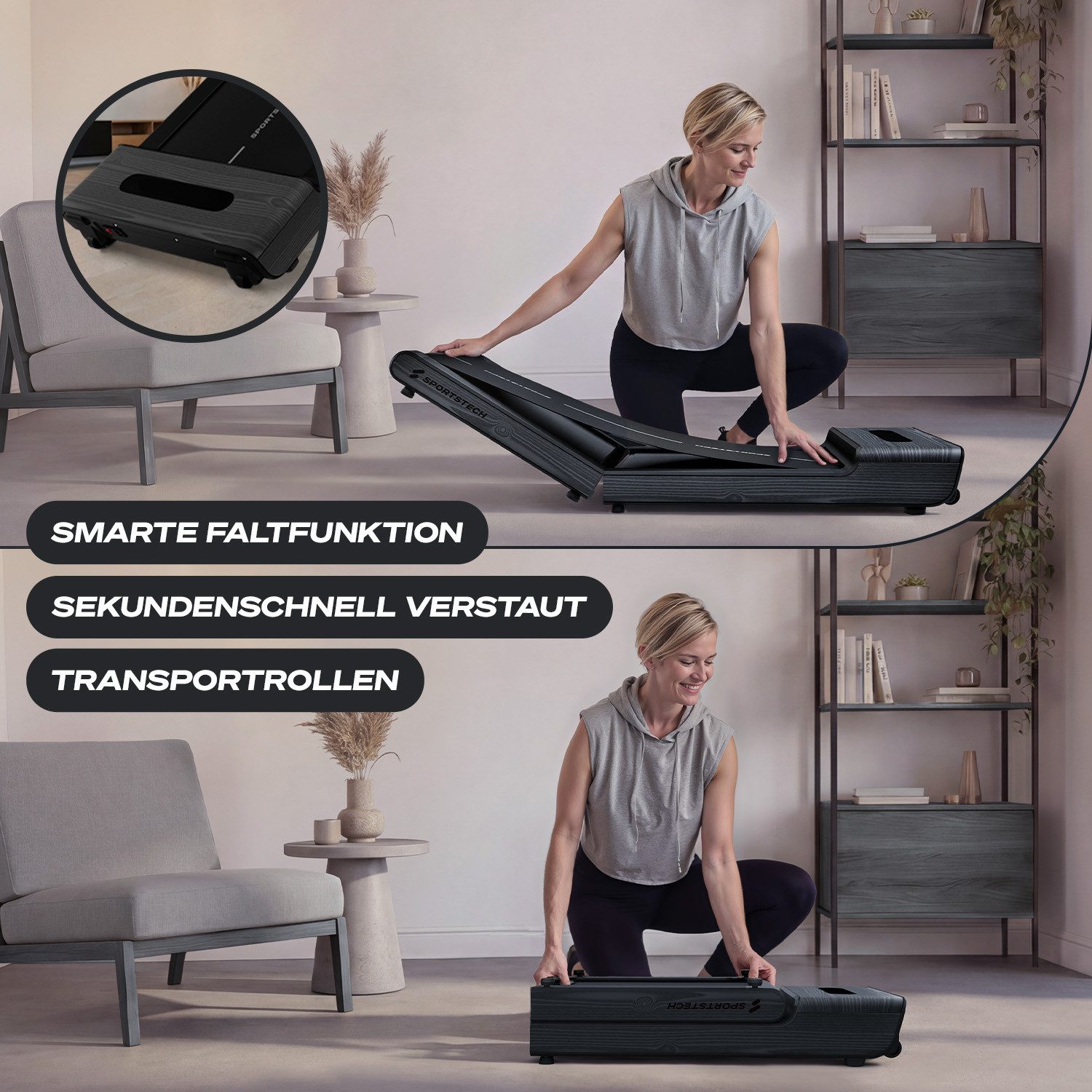 Sportstech Laufband WoodPad Pro, Geschwindigkeit bis 8 km/h, klappbar, Echtholz, App kompatibel