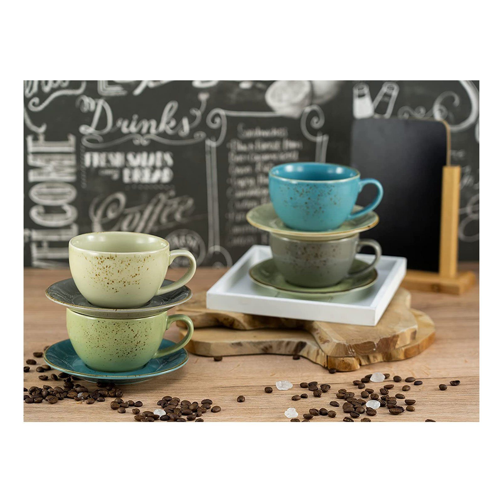 CreaTable Cappuccinotasse Kaffeetasse NATURE COLLECTION, Steinzeug, Tassen  Set, naturfarben mit Sprenkel, 4 Tassen, 4 Untertassen | Teeschalen